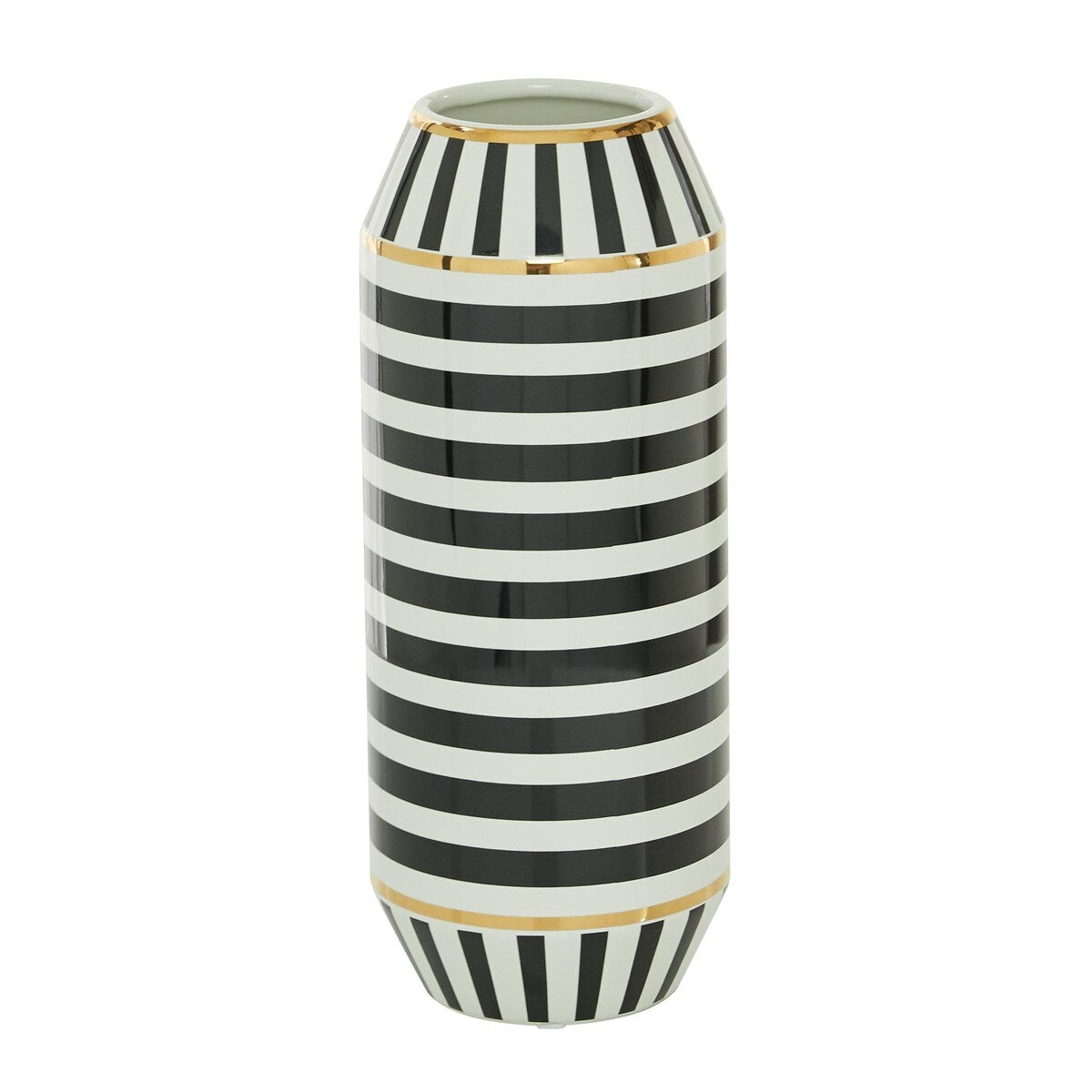 Ceramic Striped Decorative Vase with White and Gold Accents - Black - Roche River Decor