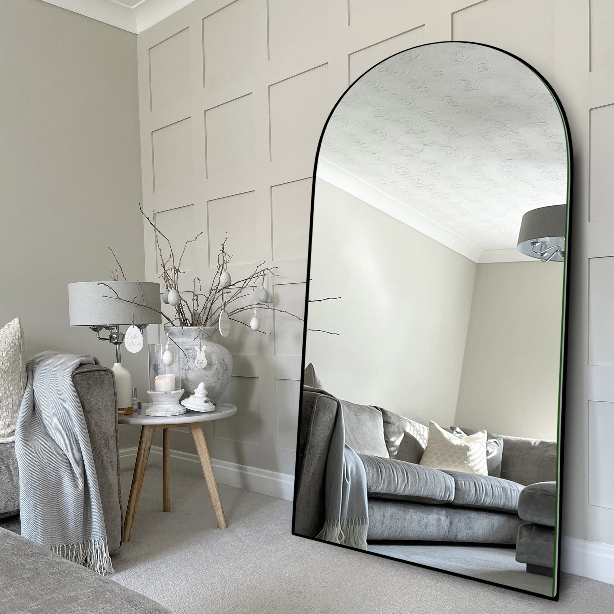 Modern Arched Full-Length Wood Floor Standing Mirror