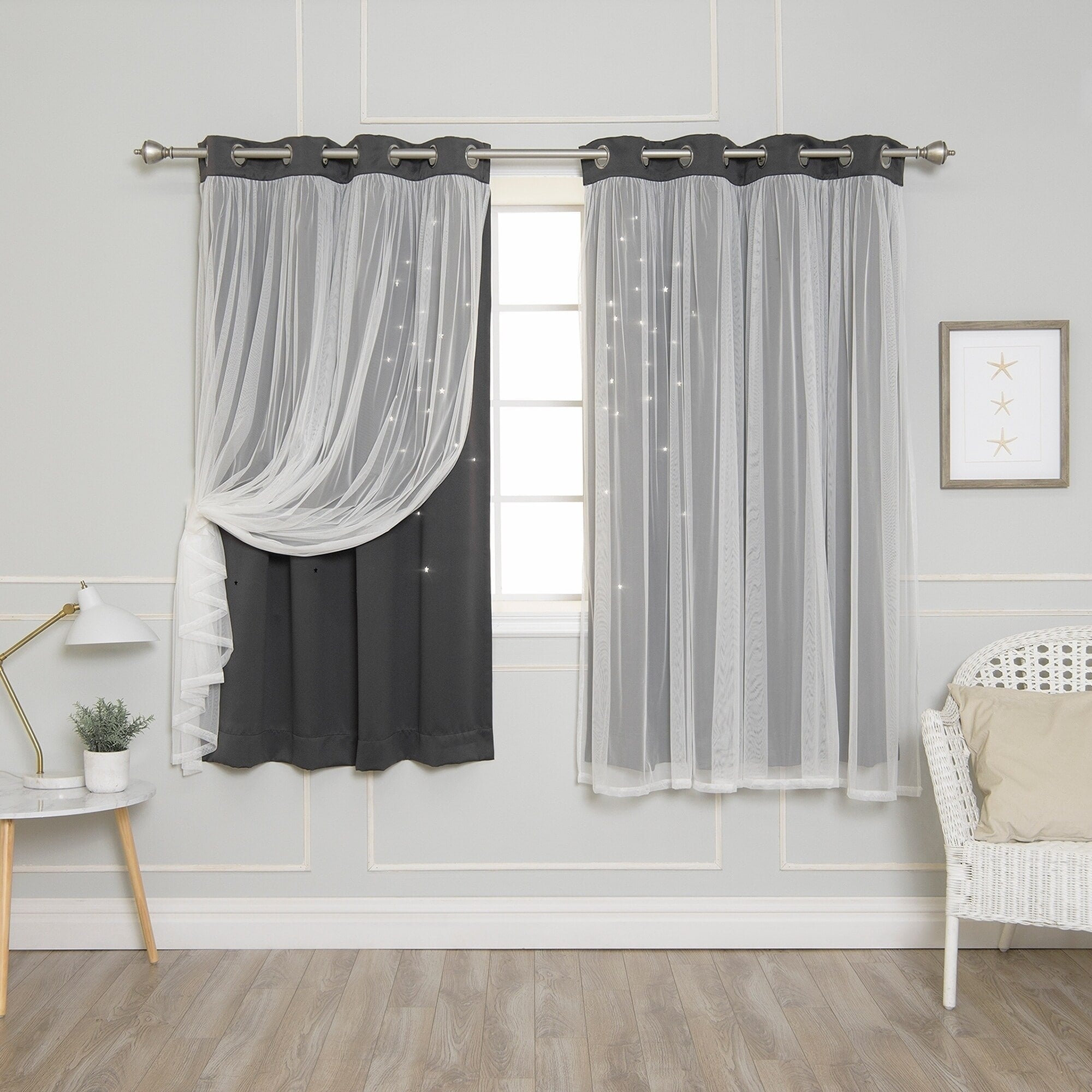 Aurora Home Star Punch Tulle Overlay Blackout Curtain Panel Pair