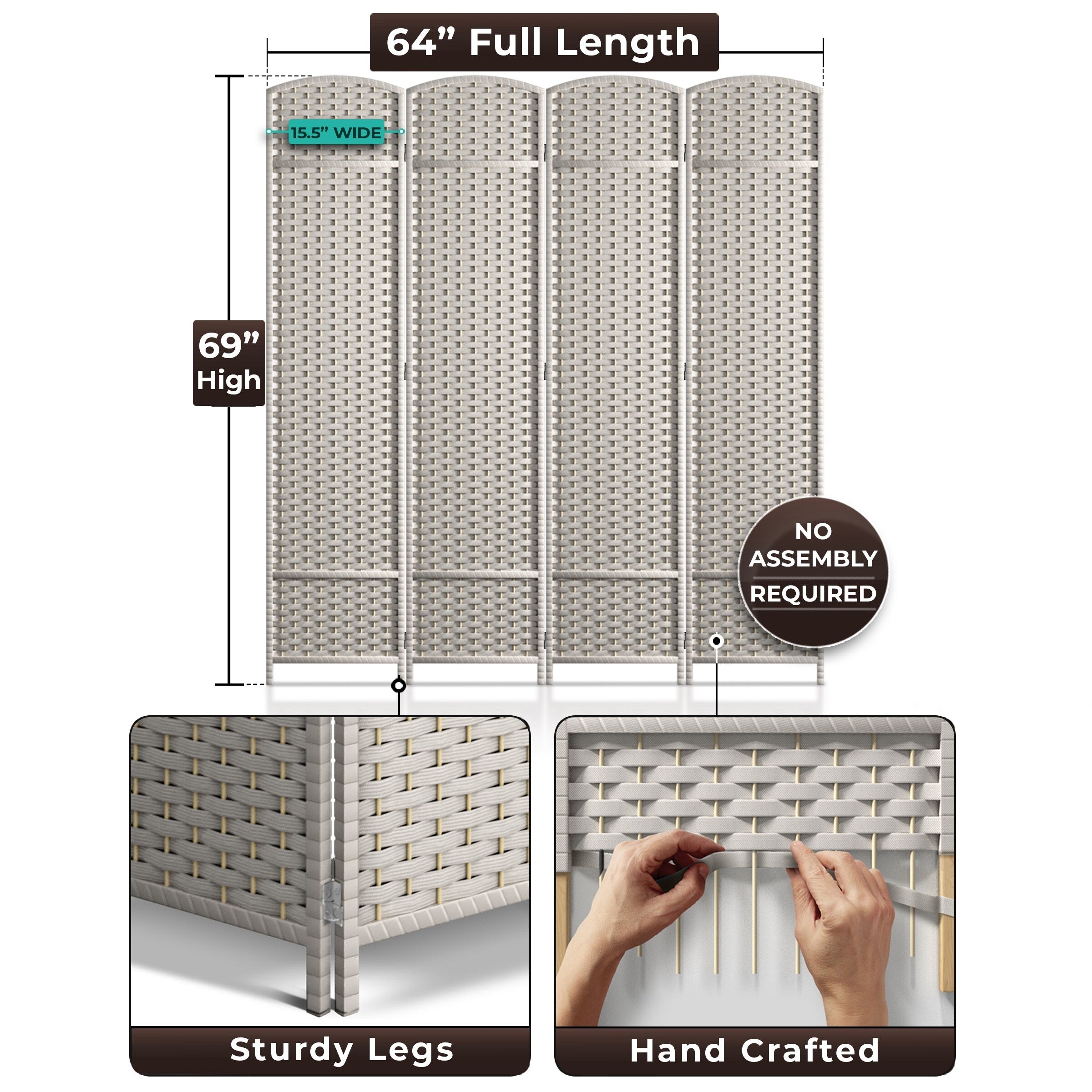 Sorbus 4 Panel Room Divider Tall Privacy Partition Screen Extra Wide Double Hinged Mesh Hand-Woven Folding Wall Divider - 6ft