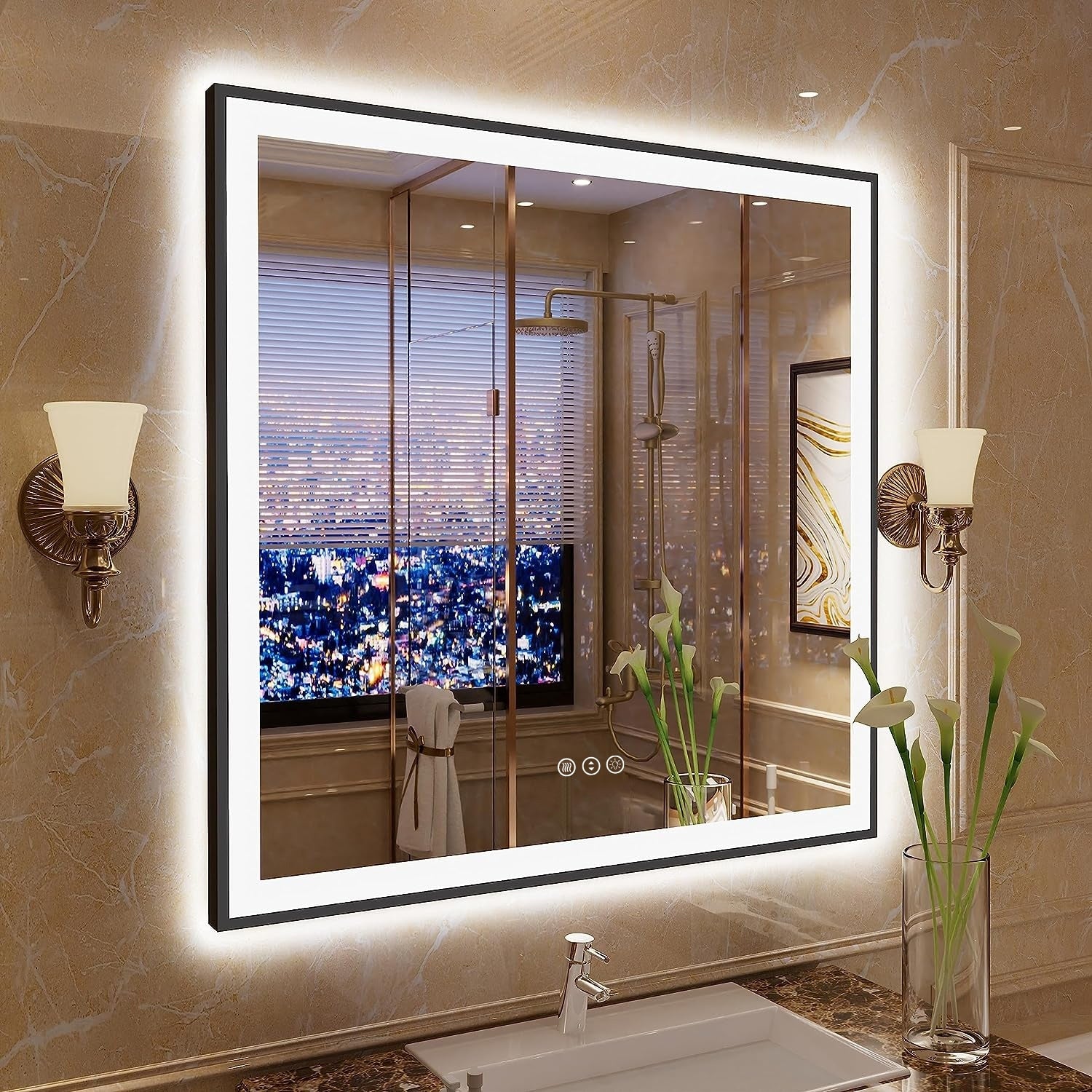 Apmir Metal Black Frame Back & Front LED Lighted Bathroom Vanity Mirror with Anti-Fog Tempered Glass