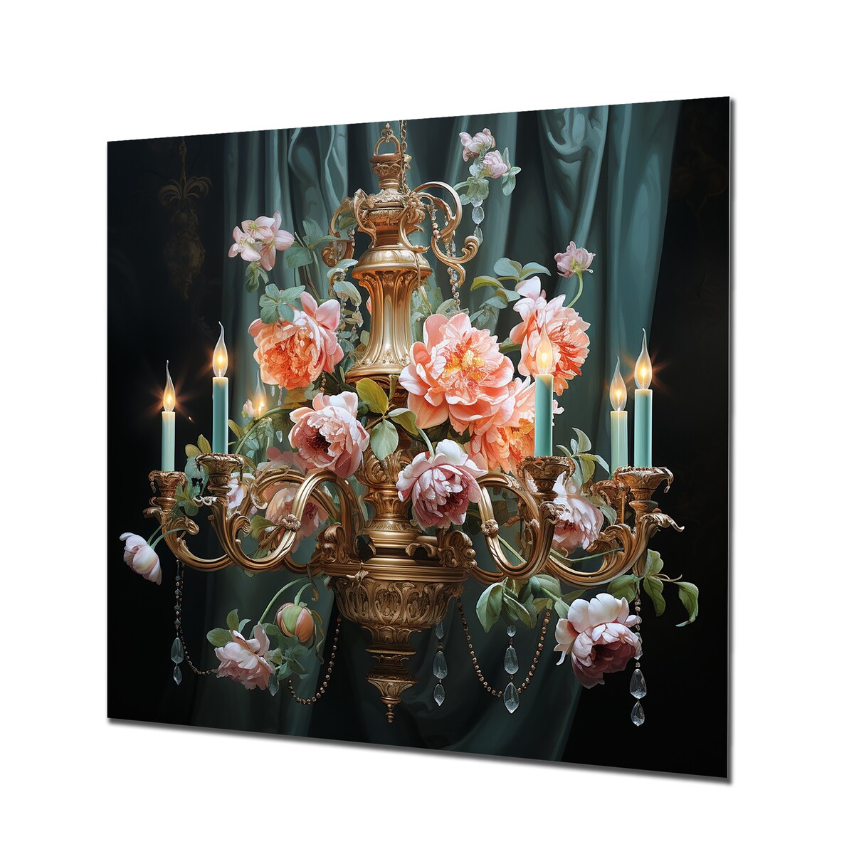 Designart Pink Floral Vintage Chandelier II Chandelier Metal Wall Art - Pink Metal Wall Décor Glam Metal Art Work