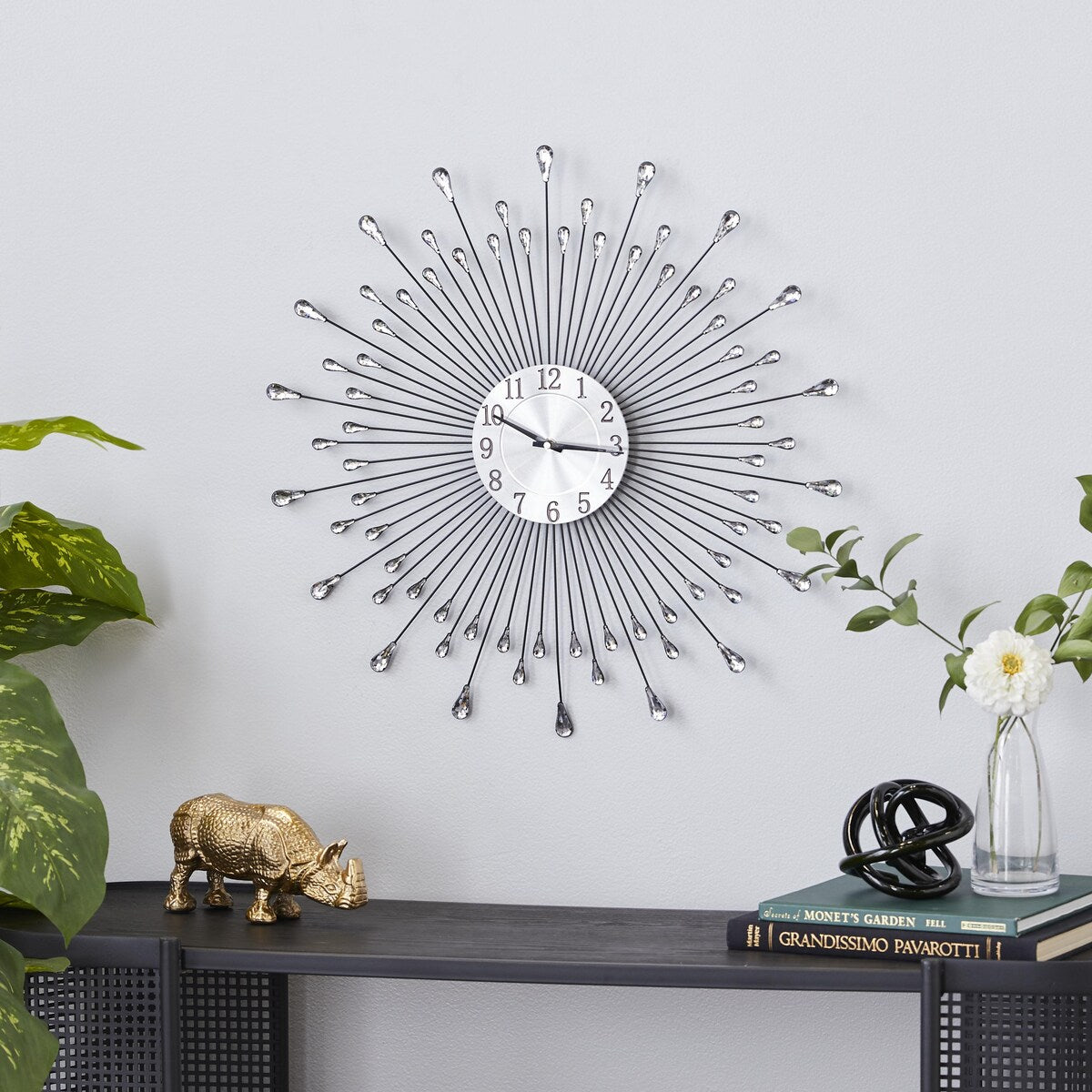 Metal Starburst Decorative Wall Clock with Crystal Accents - Gold, Brown, Silver, Copper - Roche River Decor