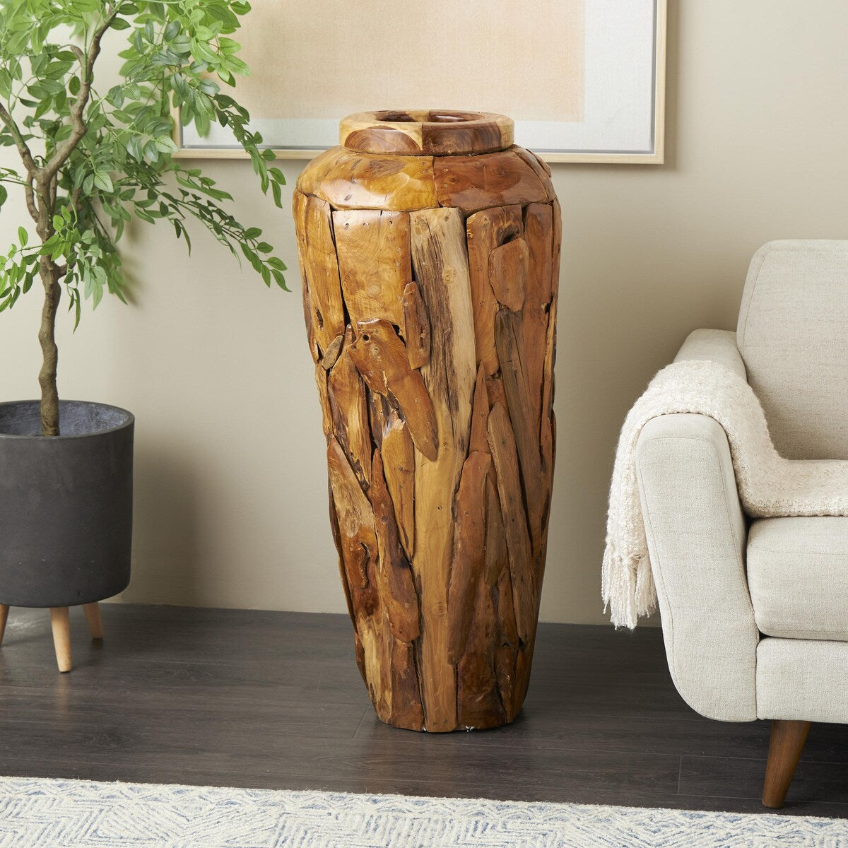 Teak Wood Handmade Floor Decorative Vase with Mosaic Live Edge Pieces - Brown - Roche River Decor