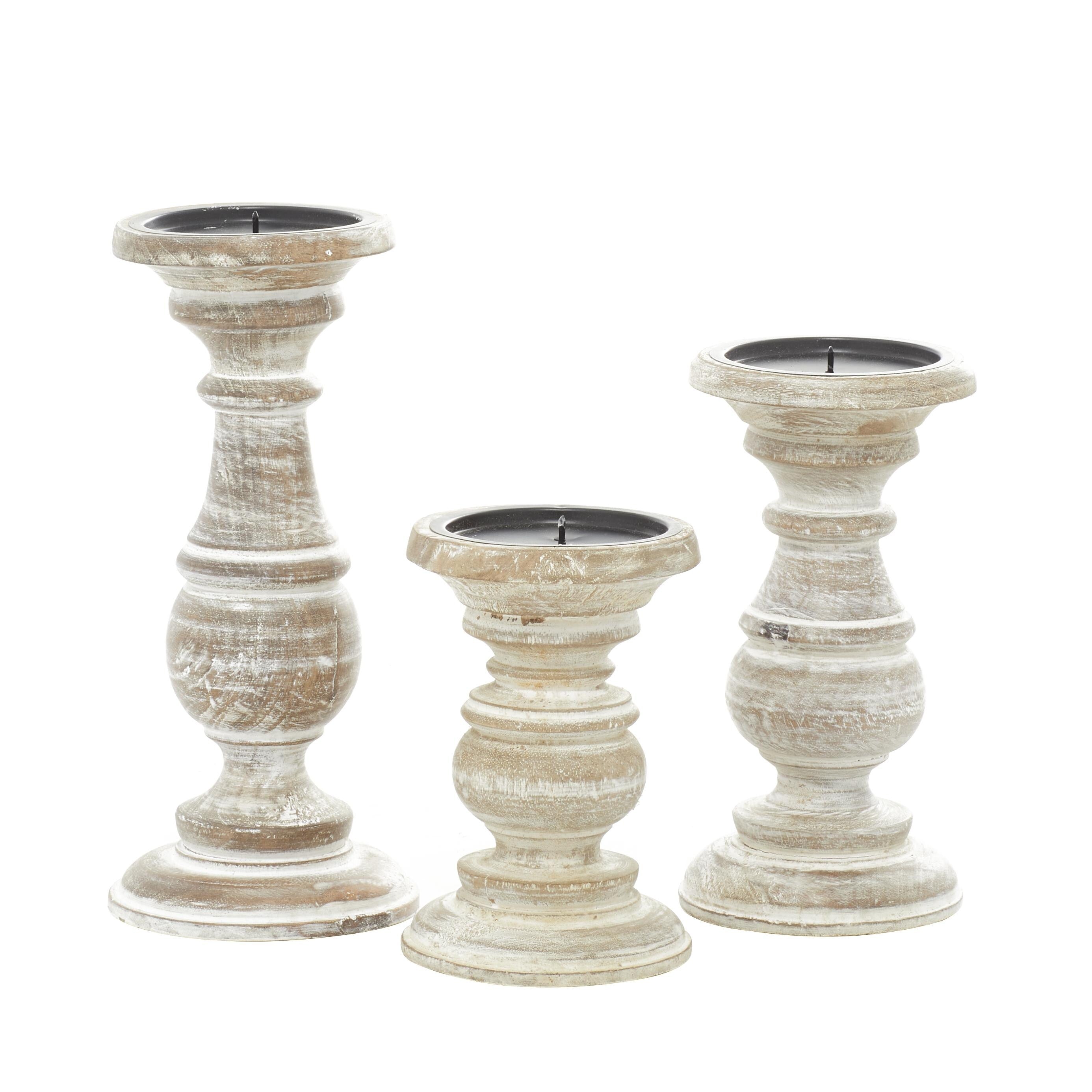 Mango Wood Turned Style Pillar Candle Holder (Set of 3) - White, Brown, Gold, Black, Light Blue, Cream, Silver