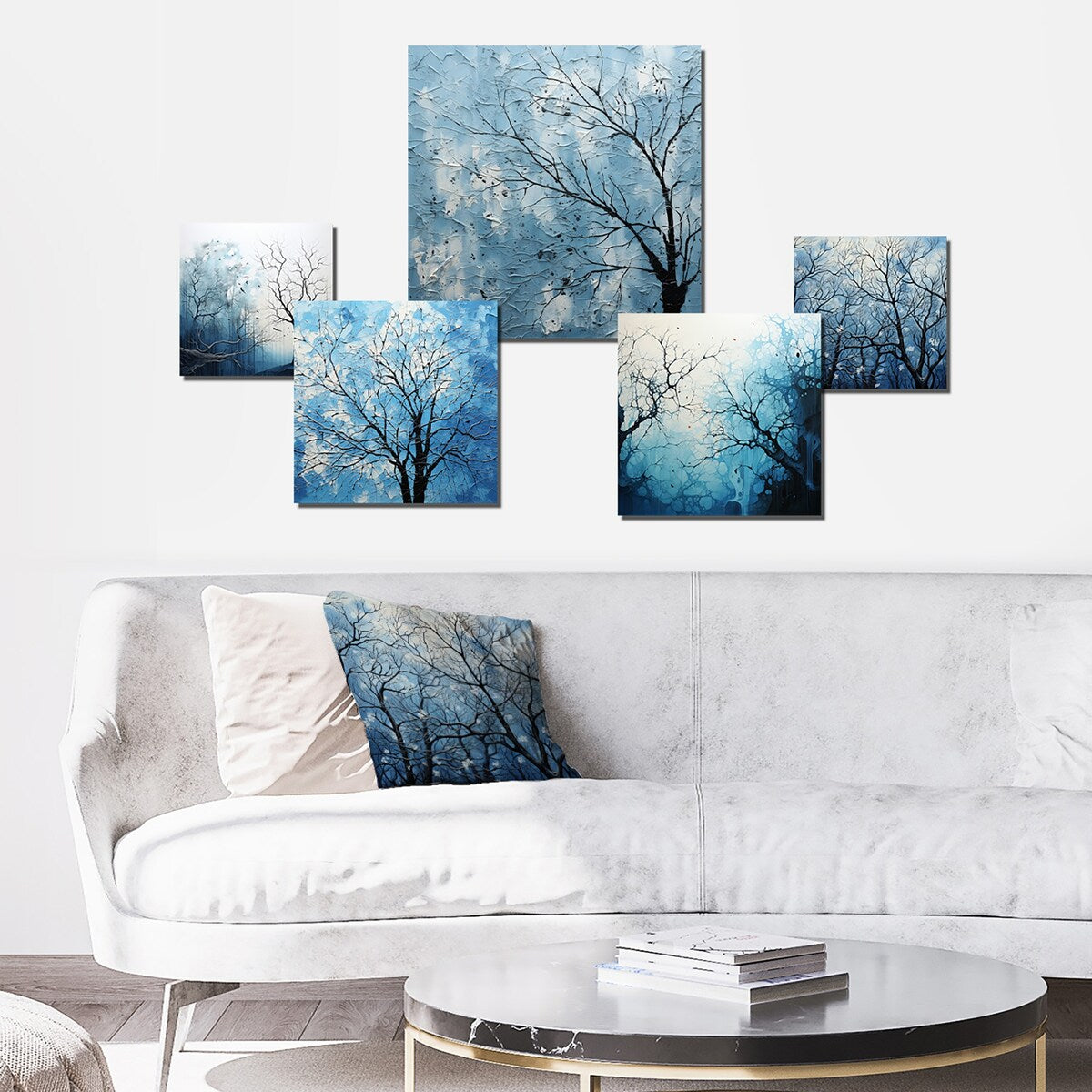 Designart Minimalism Blue Tree Landscape Trees Wall Art Set of 5 - Traditional Blue Metal Wall Art Print Bedroom Set