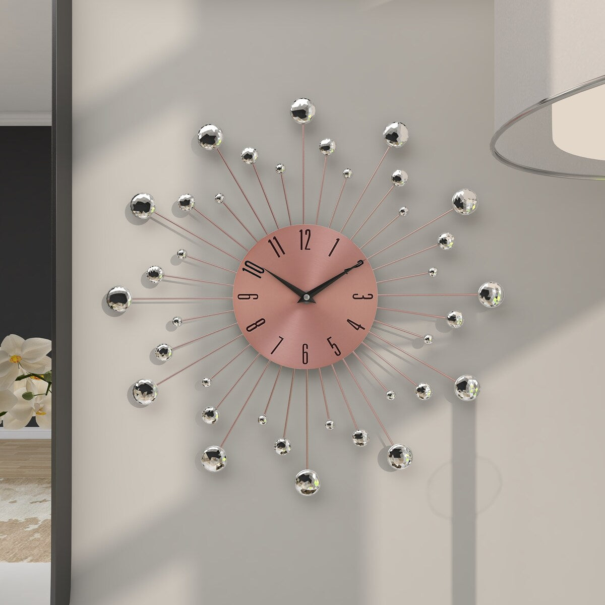 Metal Starburst Decorative Wall Clock with Crystal Accents - Gold, Brown, Silver, Copper - Roche River Decor