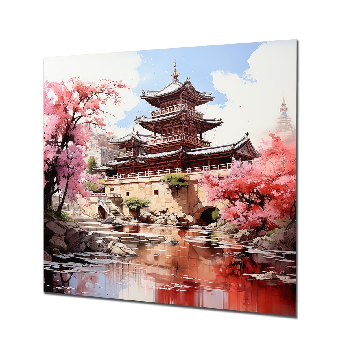 Designart Springtime China Serenity At The Temple I China Art Metal Wall Art Pink Wall Decor Global Metal Art Work