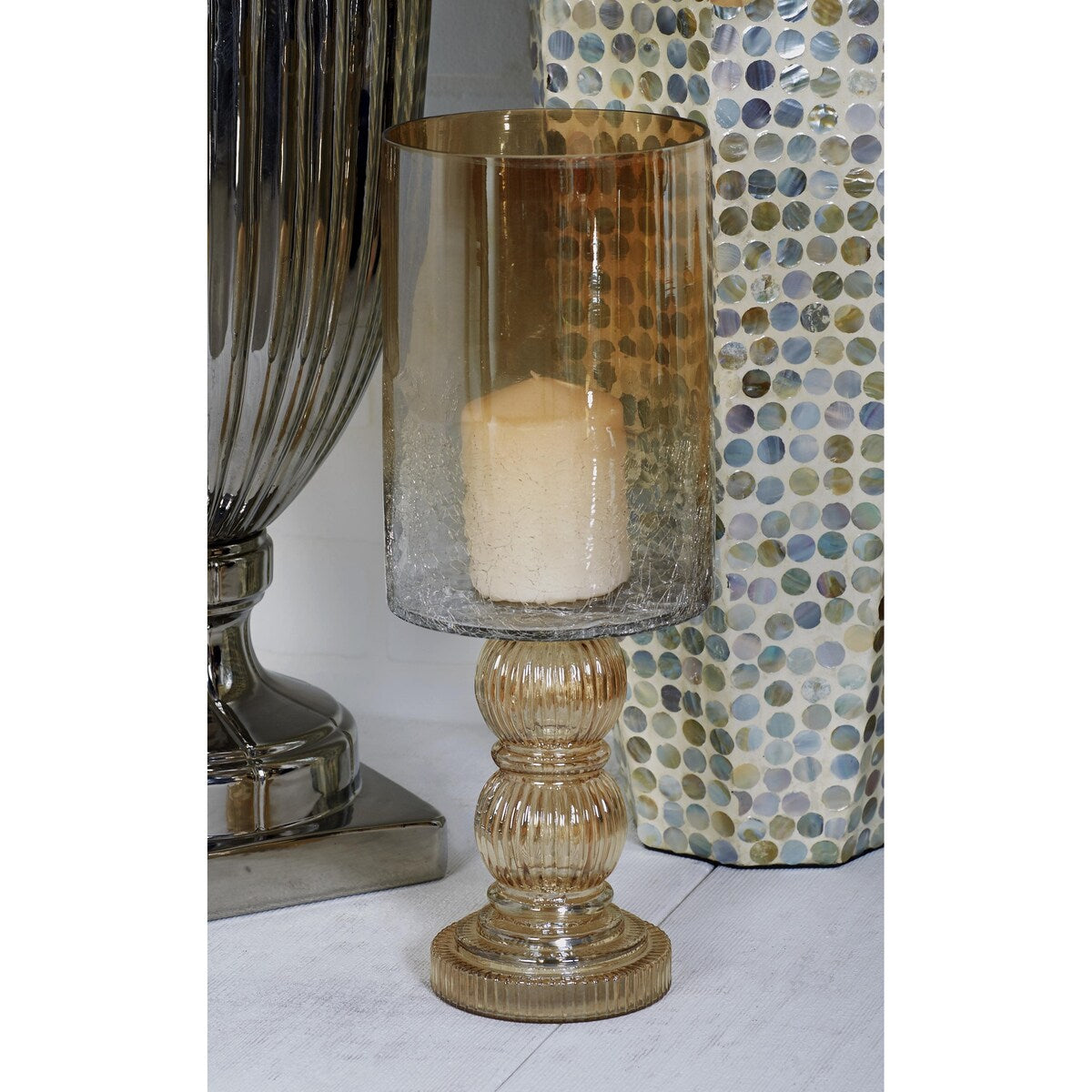 Glass Handmade Turned Style Pillar Hurricane Lamp with Smoked Glass Finish - Brass, Black, Gold, Brown - Roche River Decor