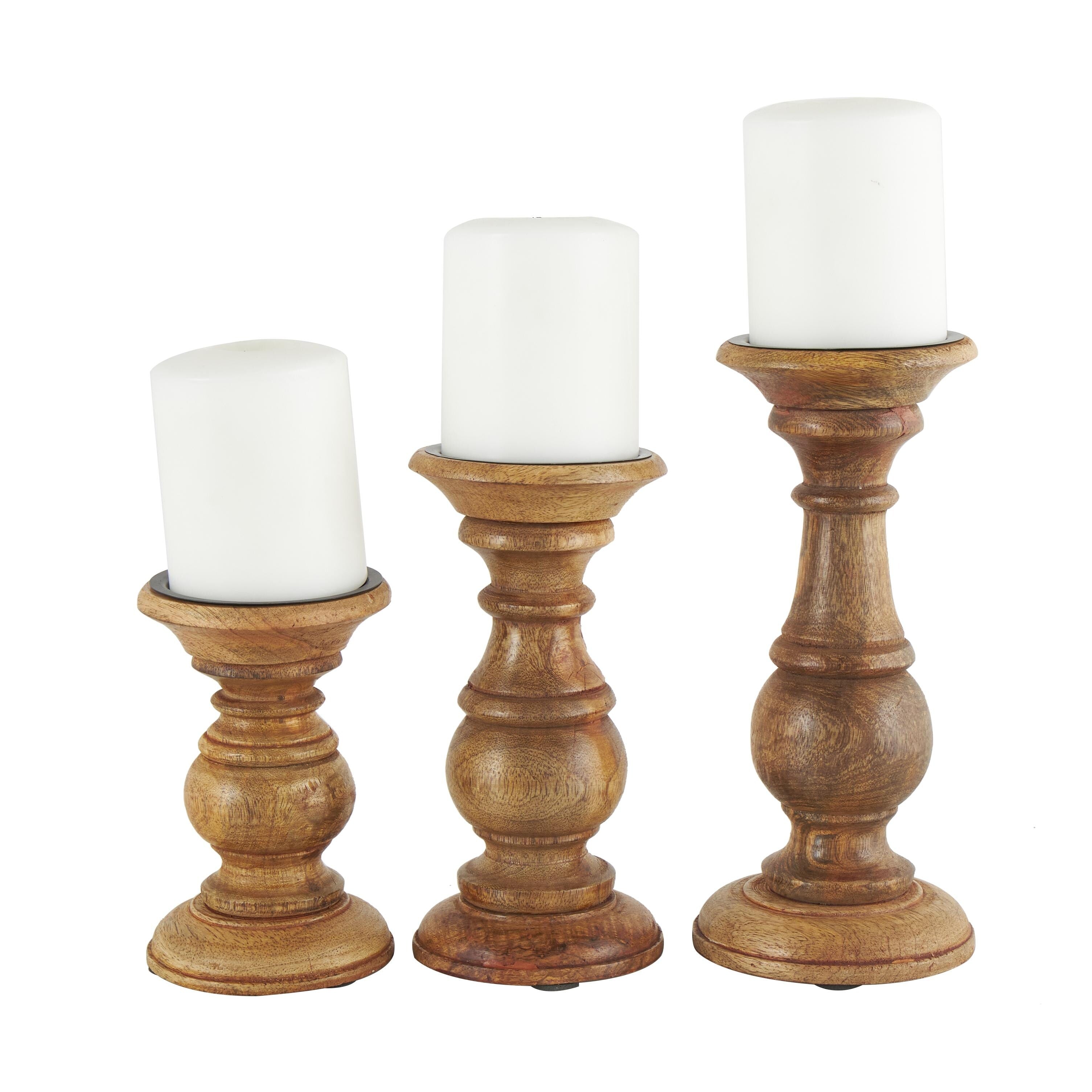 Mango Wood Turned Style Pillar Candle Holder (Set of 3) - White, Brown, Gold, Black, Light Blue, Cream, Silver