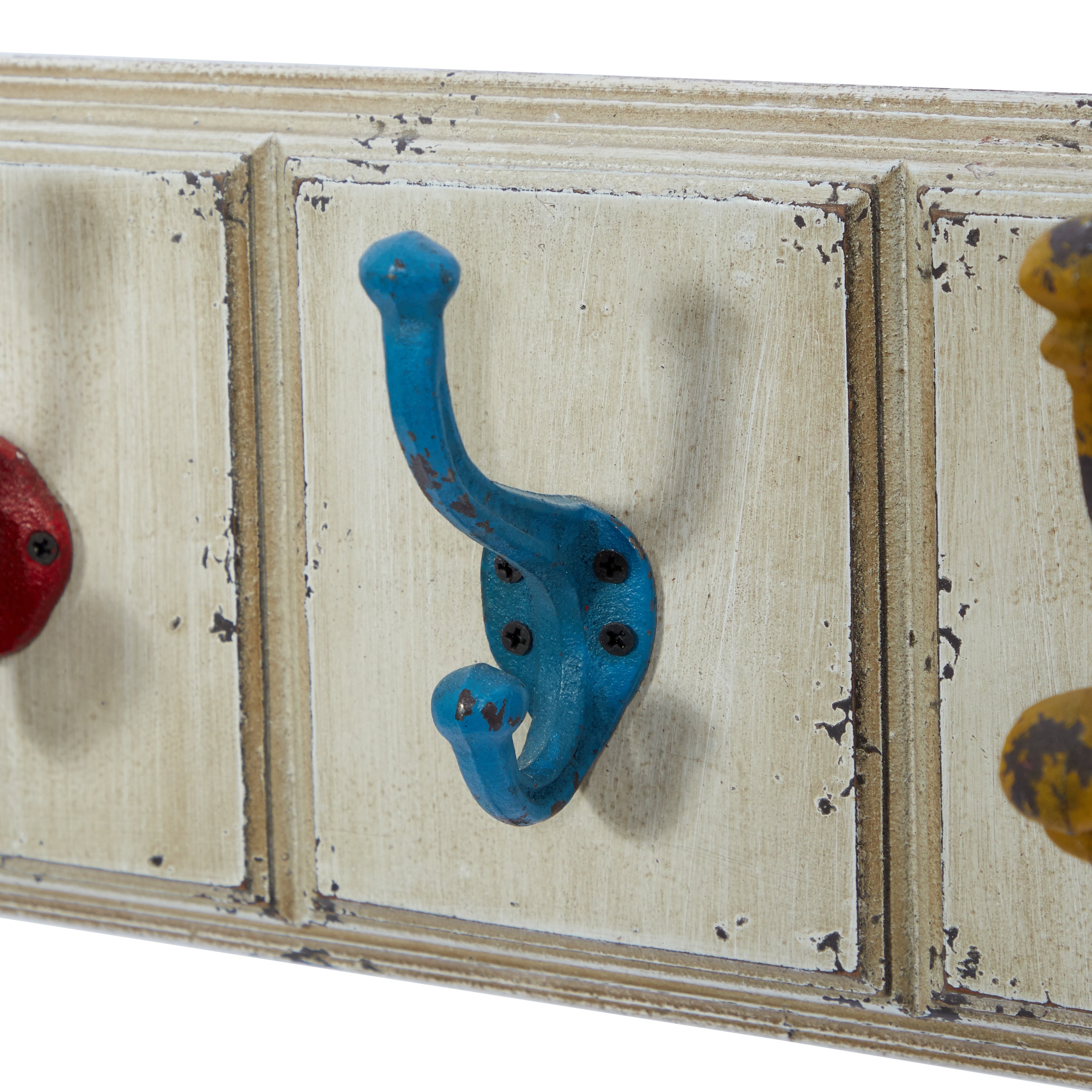 Wooden 5 Hangers Wall Hook with Multi Colored Hooks - White - Roche River Decor - 4W x 24L x 7H