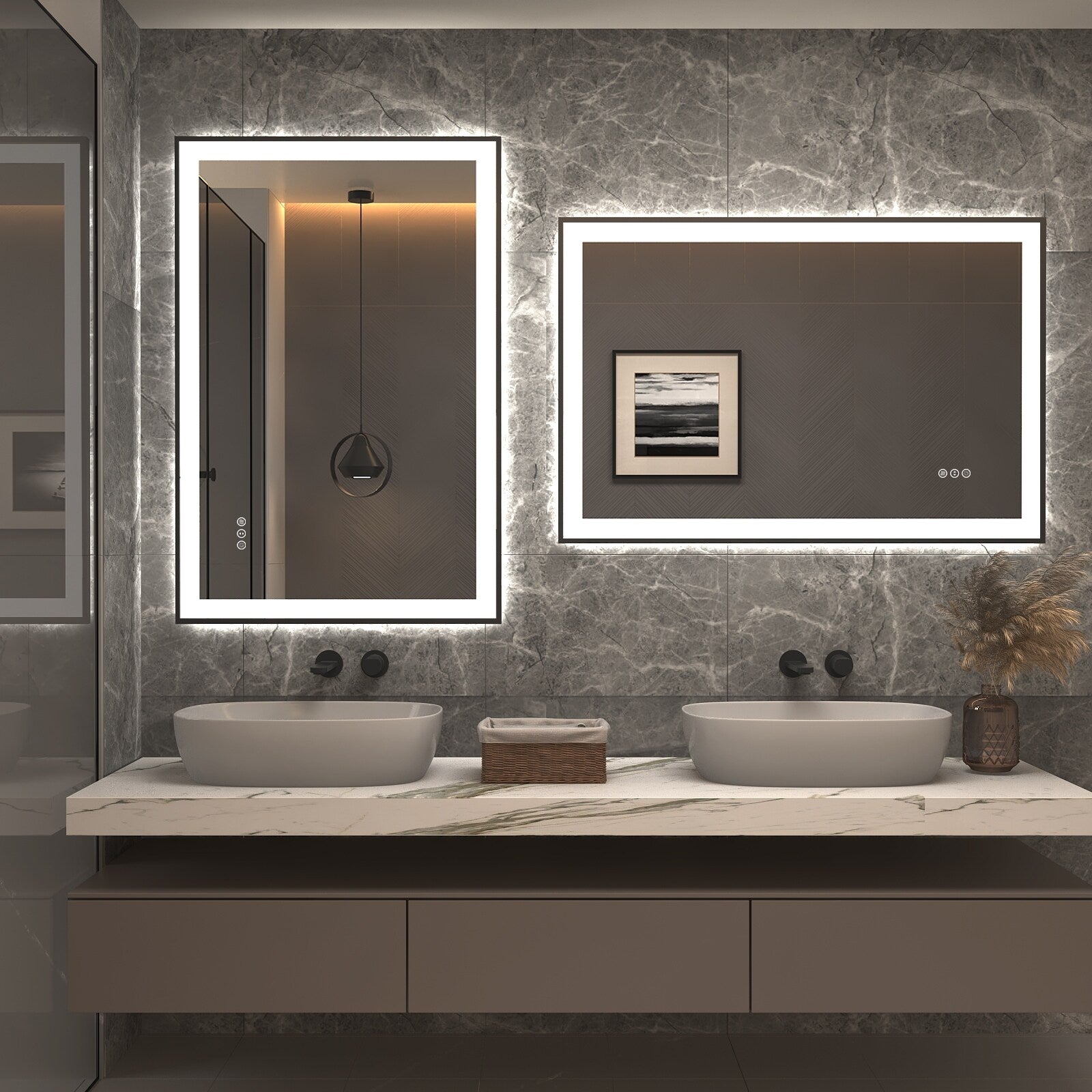 Apmir Metal Black Frame Back & Front LED Lighted Bathroom Vanity Mirror with Anti-Fog Tempered Glass