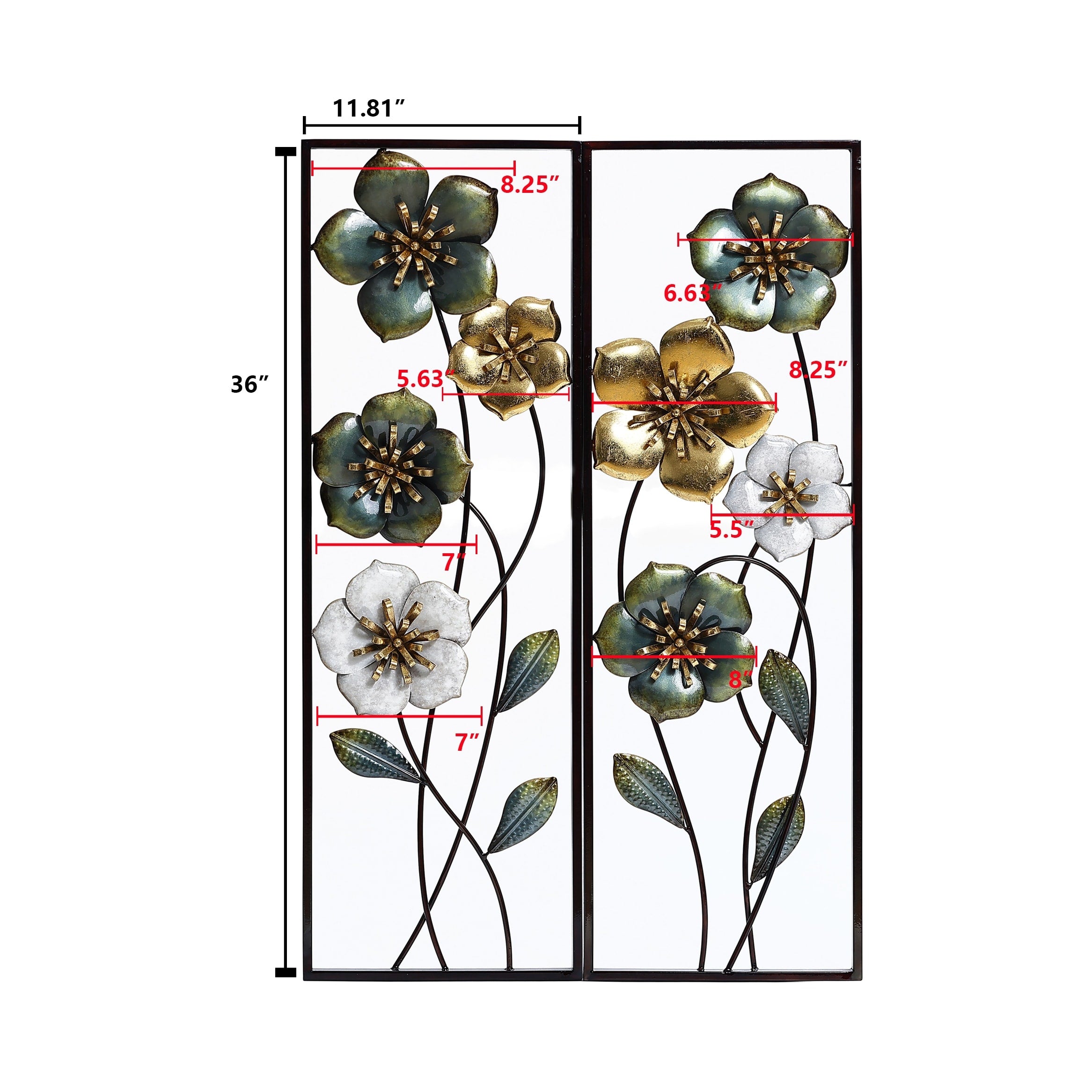 Metal Green, White, and Gold Wild Flowers Wall Decor (Set of 2)