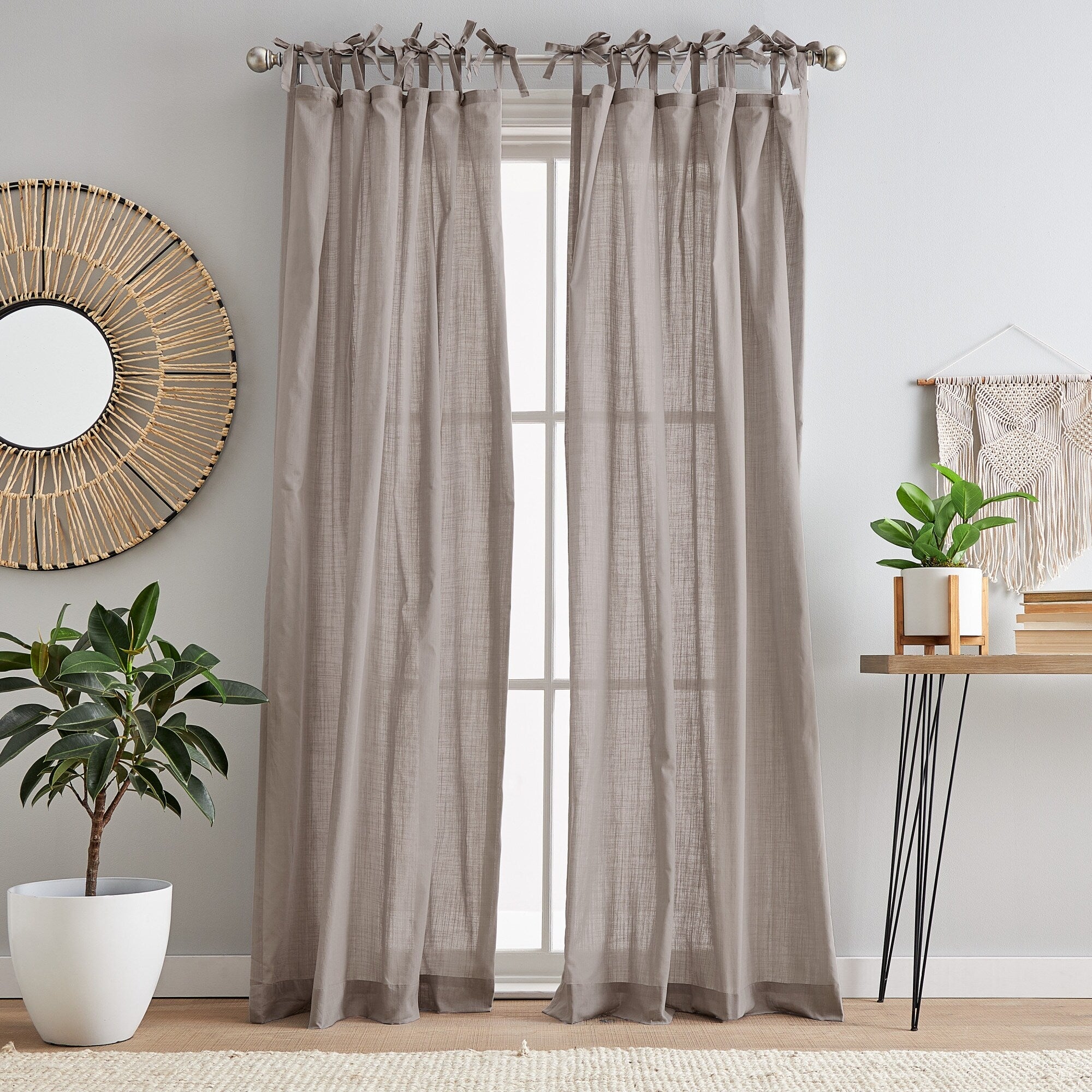 100% Cotton Sheer Tie Tab Curtain Panel Pair