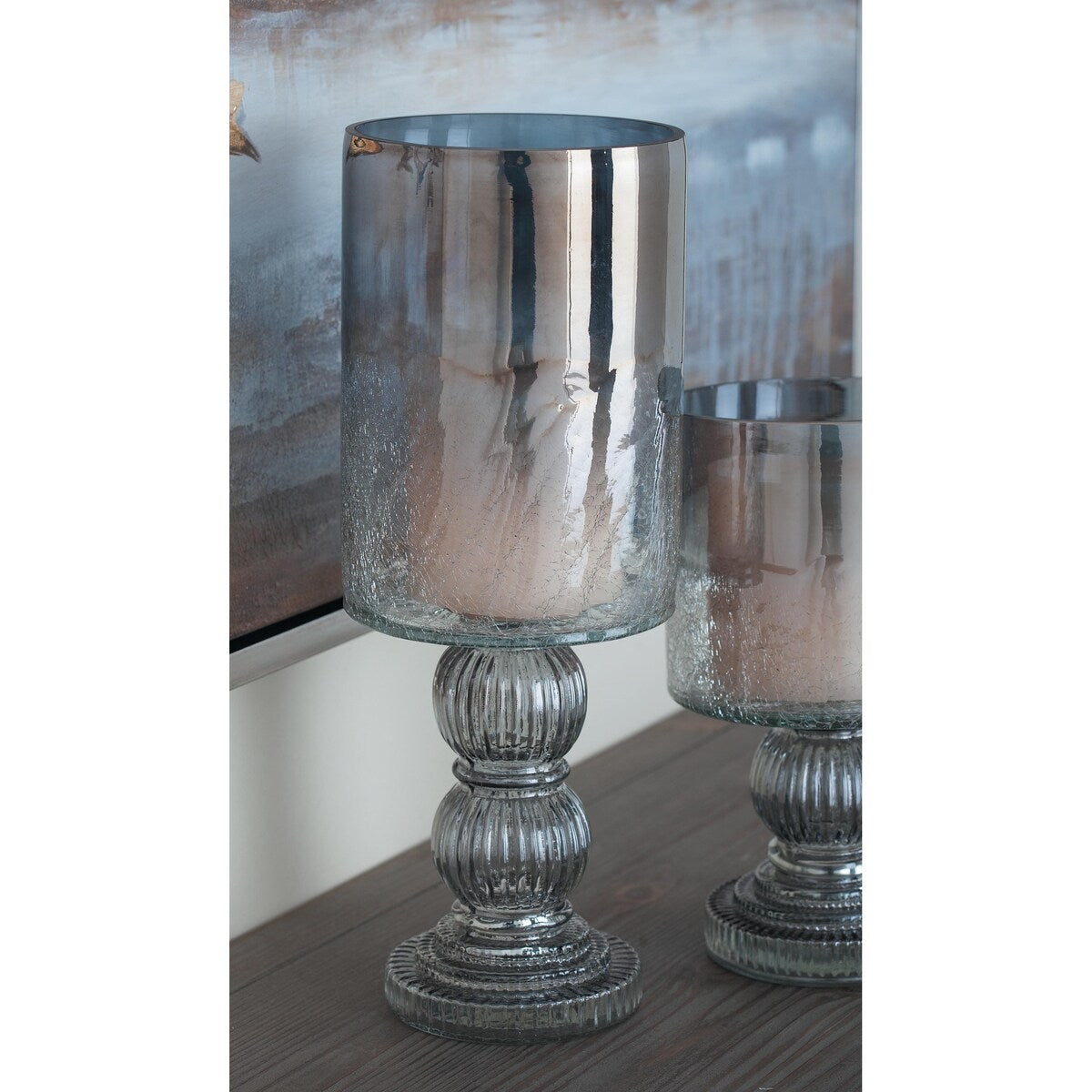 Glass Handmade Turned Style Pillar Hurricane Lamp with Smoked Glass Finish - Brass, Black, Gold, Brown - Roche River Decor