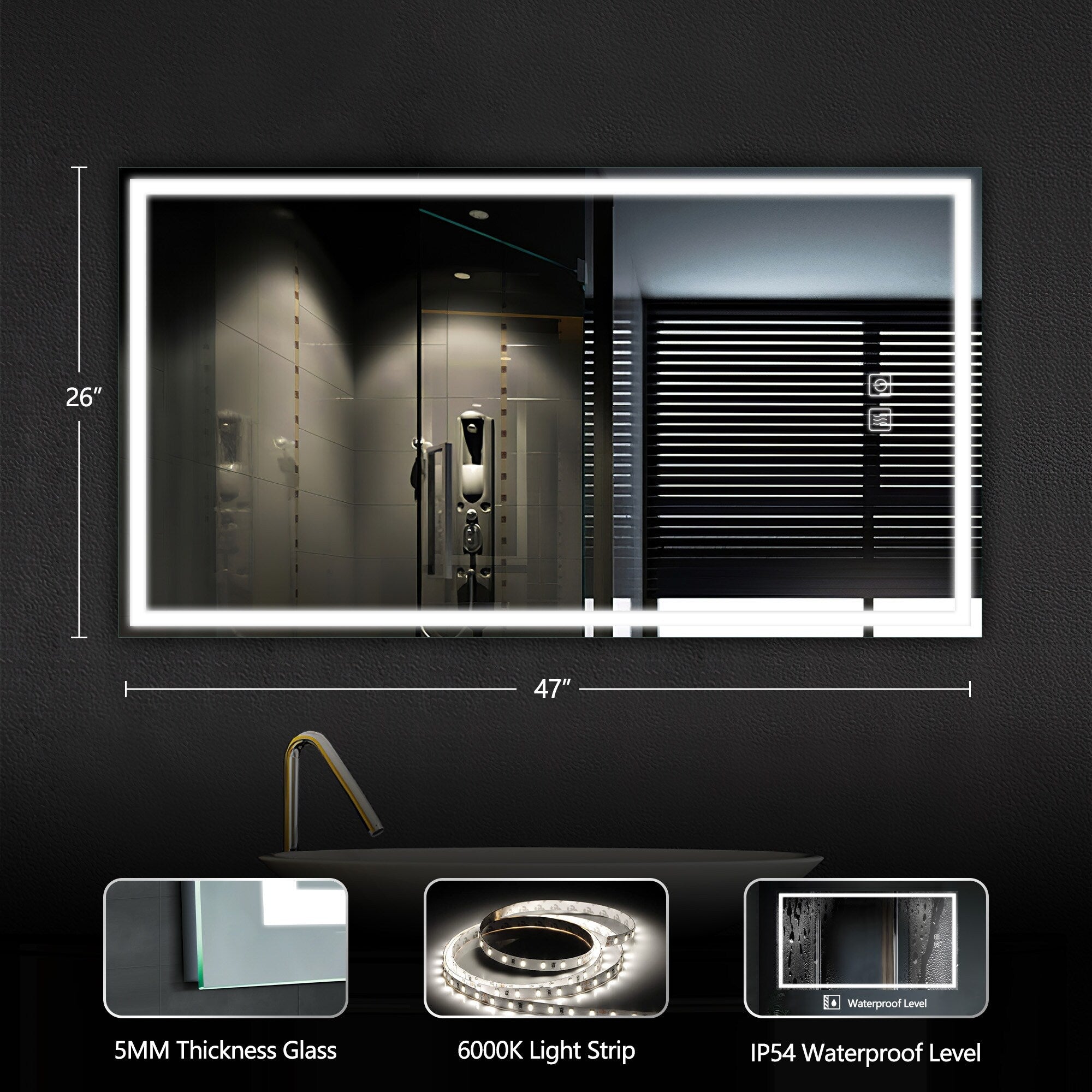 LED Mirror Bathroom Wall Mirror Vanity Mirror Waterproof Design