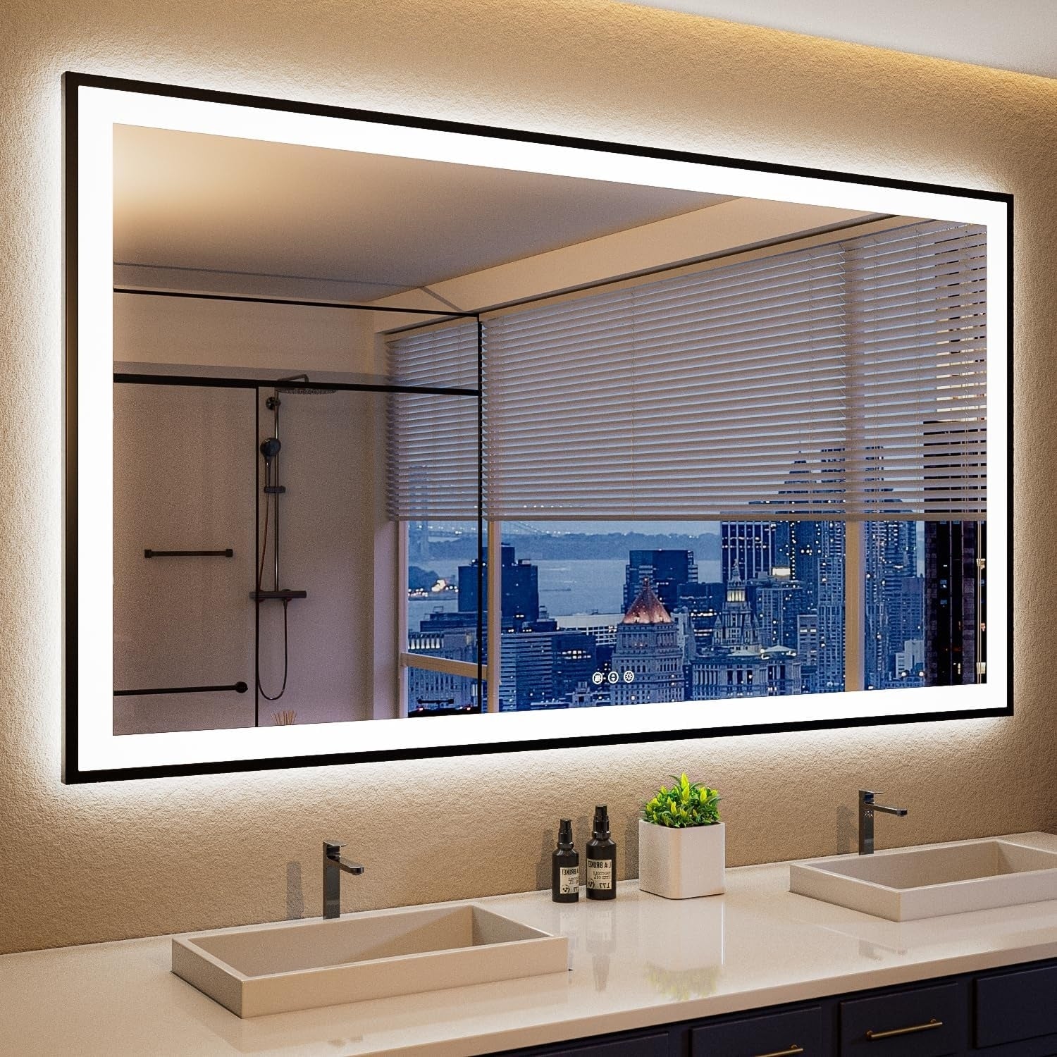 Apmir Metal Black Frame Back & Front LED Lighted Bathroom Vanity Mirror with Anti-Fog Tempered Glass