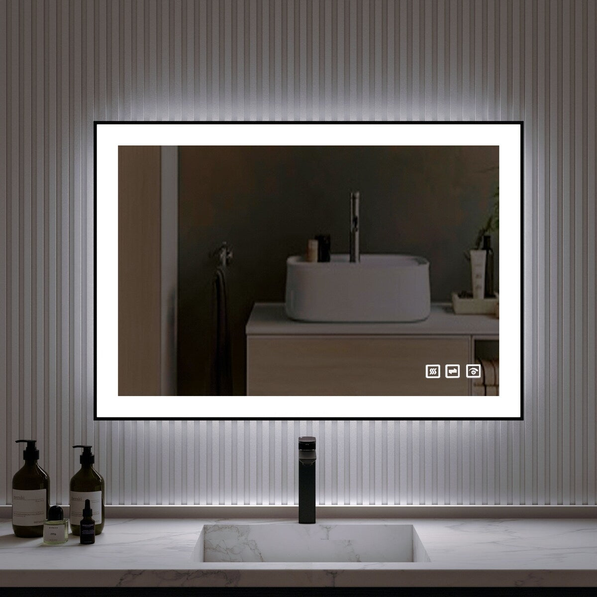 Organnice Rectangular Framed LED Anti-Fog Bathroom Wall Mirror in Black with Backlit and Front Light