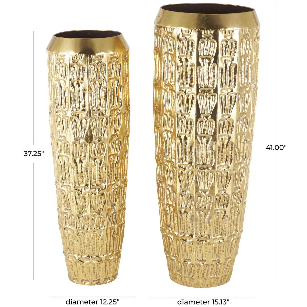 Metal Tall Decorative Vase with Grooved Patterns - Set of 2 Gold - Roche River Decor