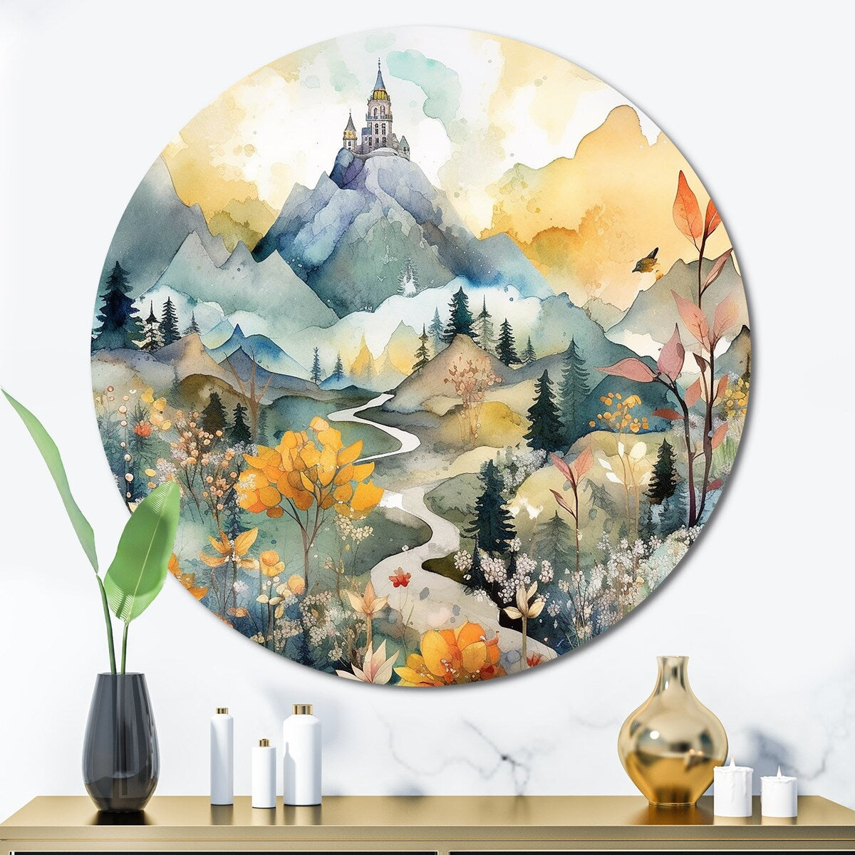 Designart Yellow and Teal Nature'S Nordic Beauty Scandinavian Metal Circle Wall Art