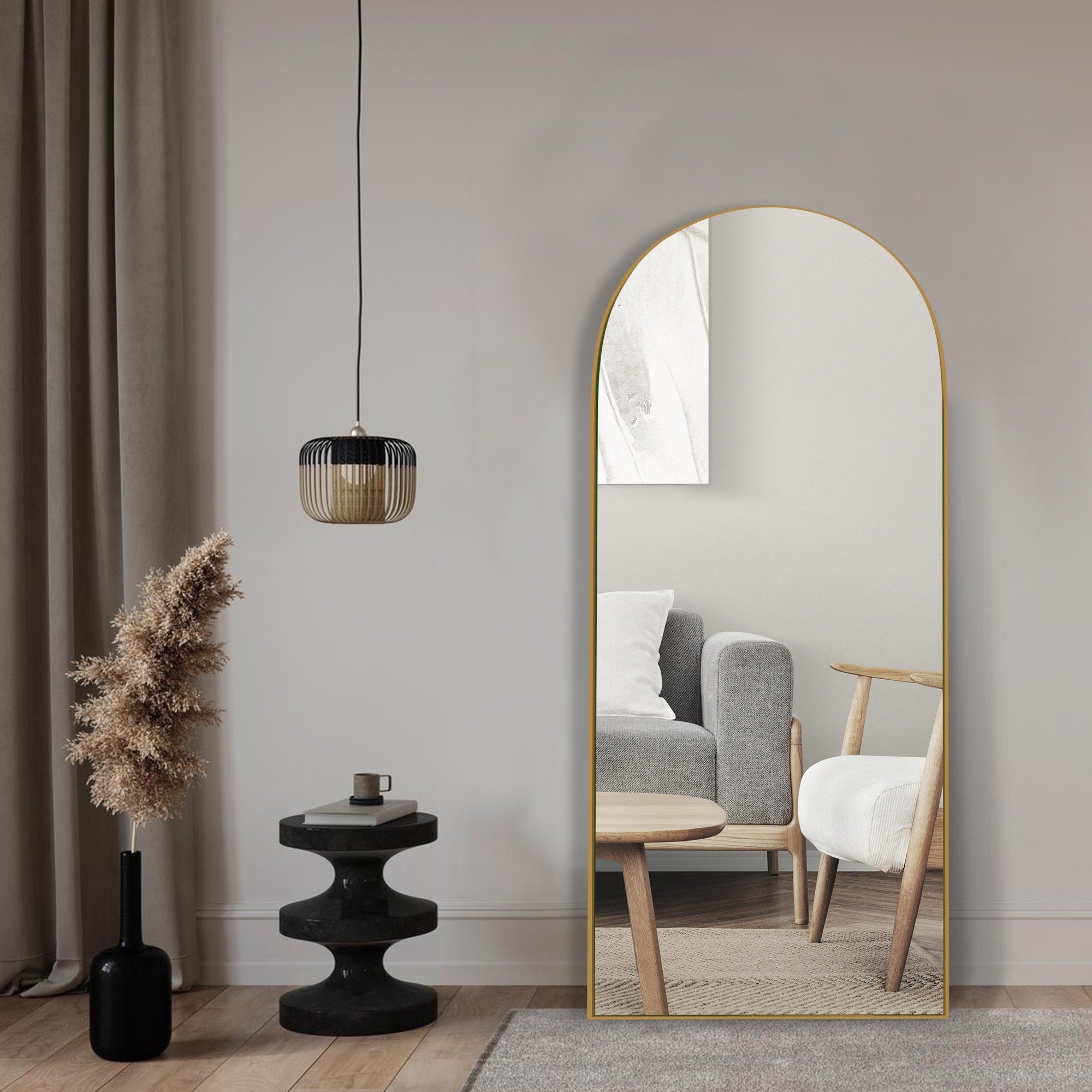 Modern Arched Full-Length Wood Floor Standing Mirror