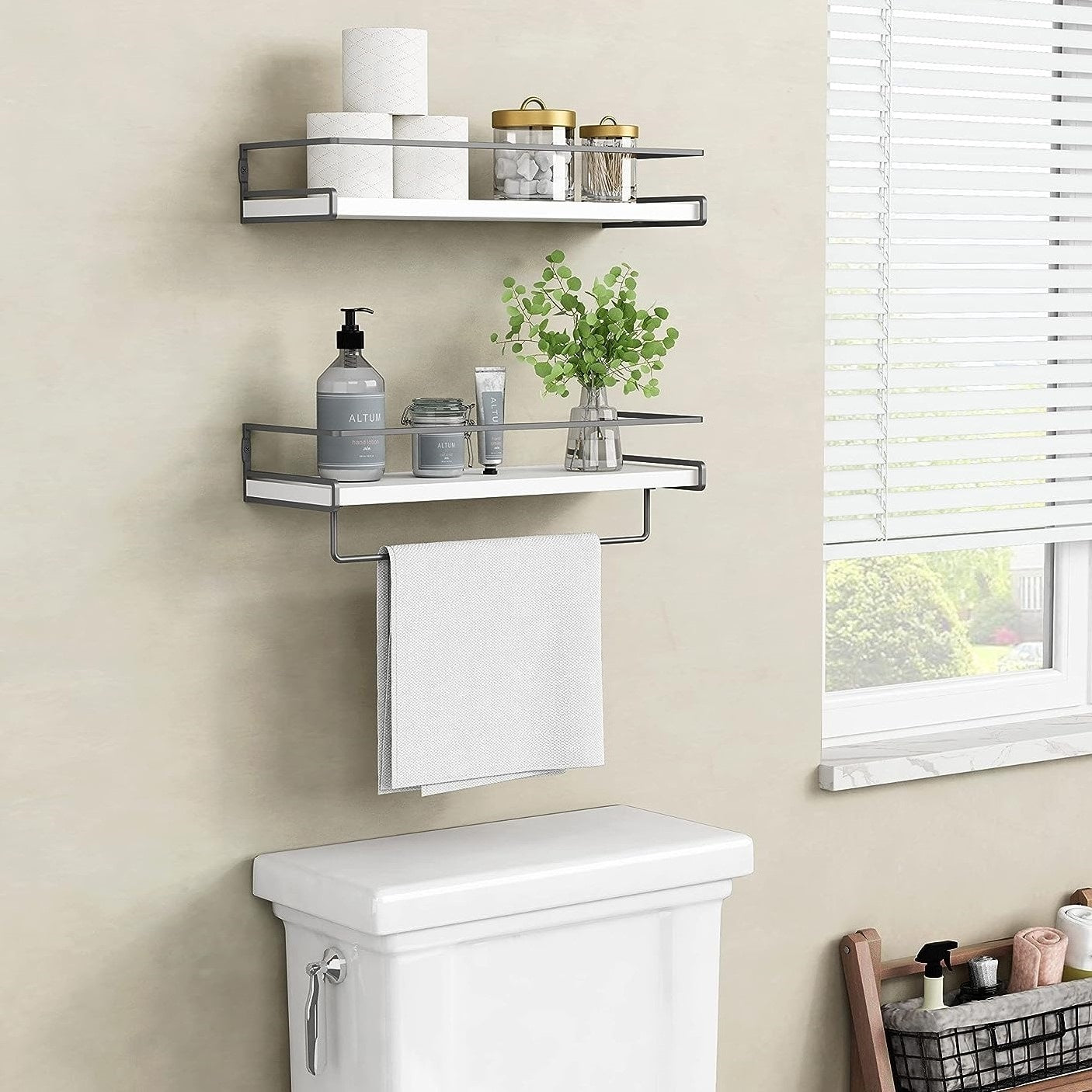 Decorative Wall Shelves Set of 2 for Bathroom with Towel Bar