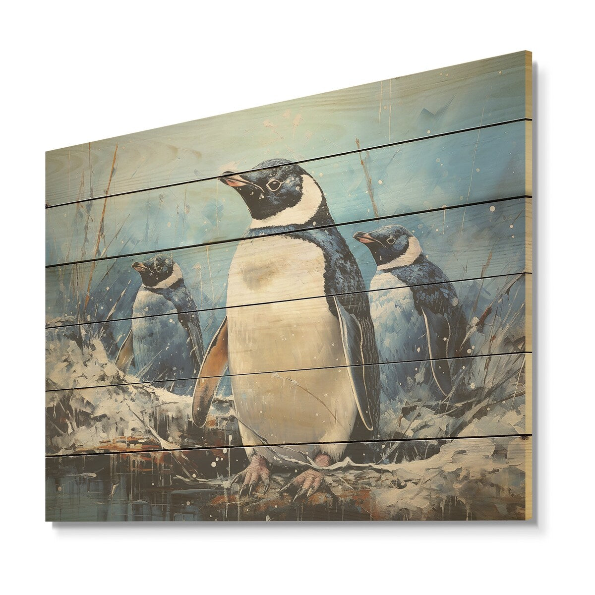 Designart Snowy Penguin Family Wonders I Penguin Wood Wall Decor - Modern Blue Wood Panel On Natural Pine Wood