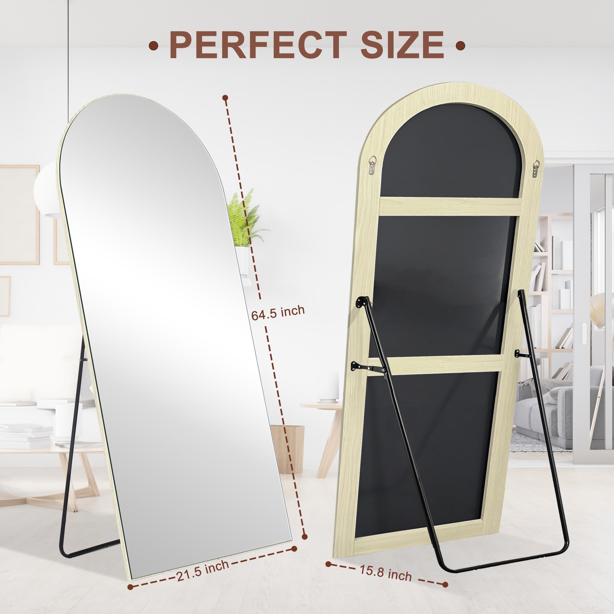 Modern Arched Full-Length Wood Floor Standing Mirror