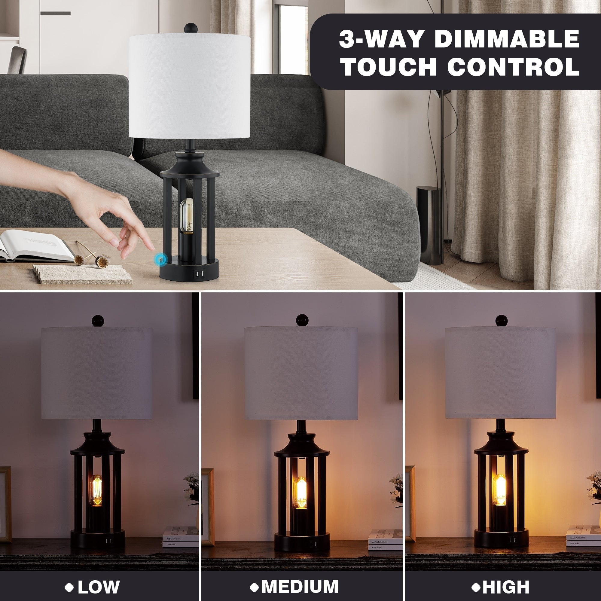 Table Lamp Nightlight Black Metal USB Charging Port(Set of 2) - 11'' x 11'' x 23.6'' (L x W x H)