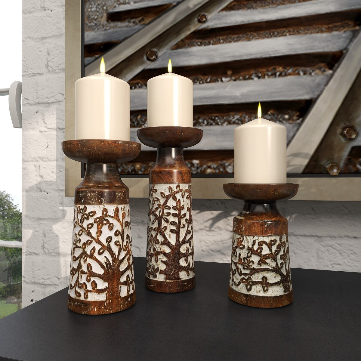 Mango Wood Handmade Carved Pillar Decorative Candle Holder - Set of 3 Light Brown or Brown - Roche River Decor