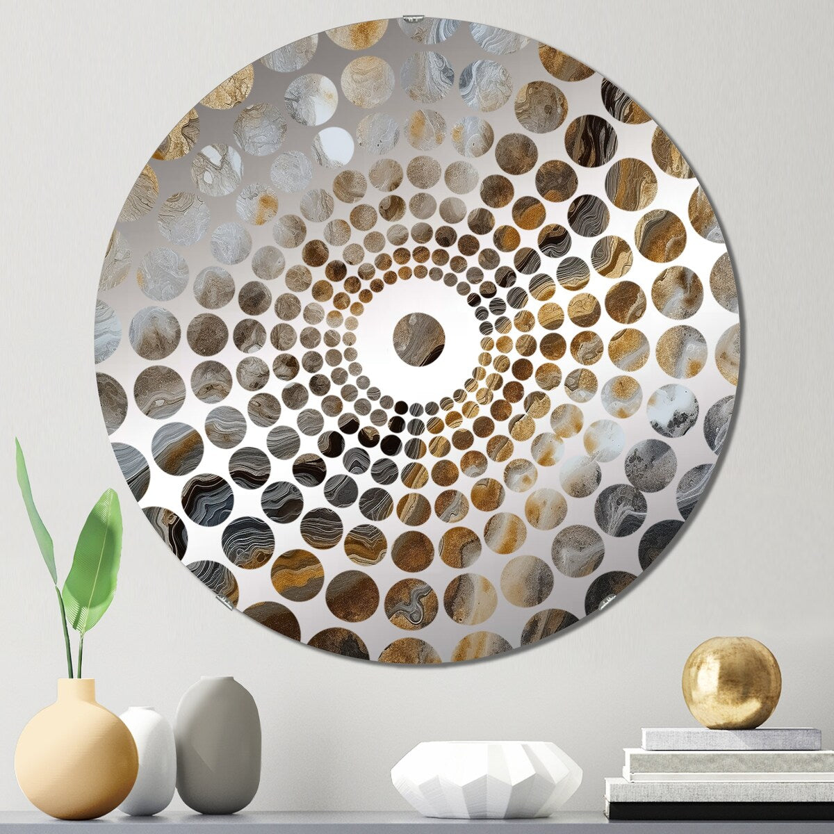 Designart Gold And Grey A Marble Effect I - Modern Abstract Marble Concentric Circles Decorative Mirror