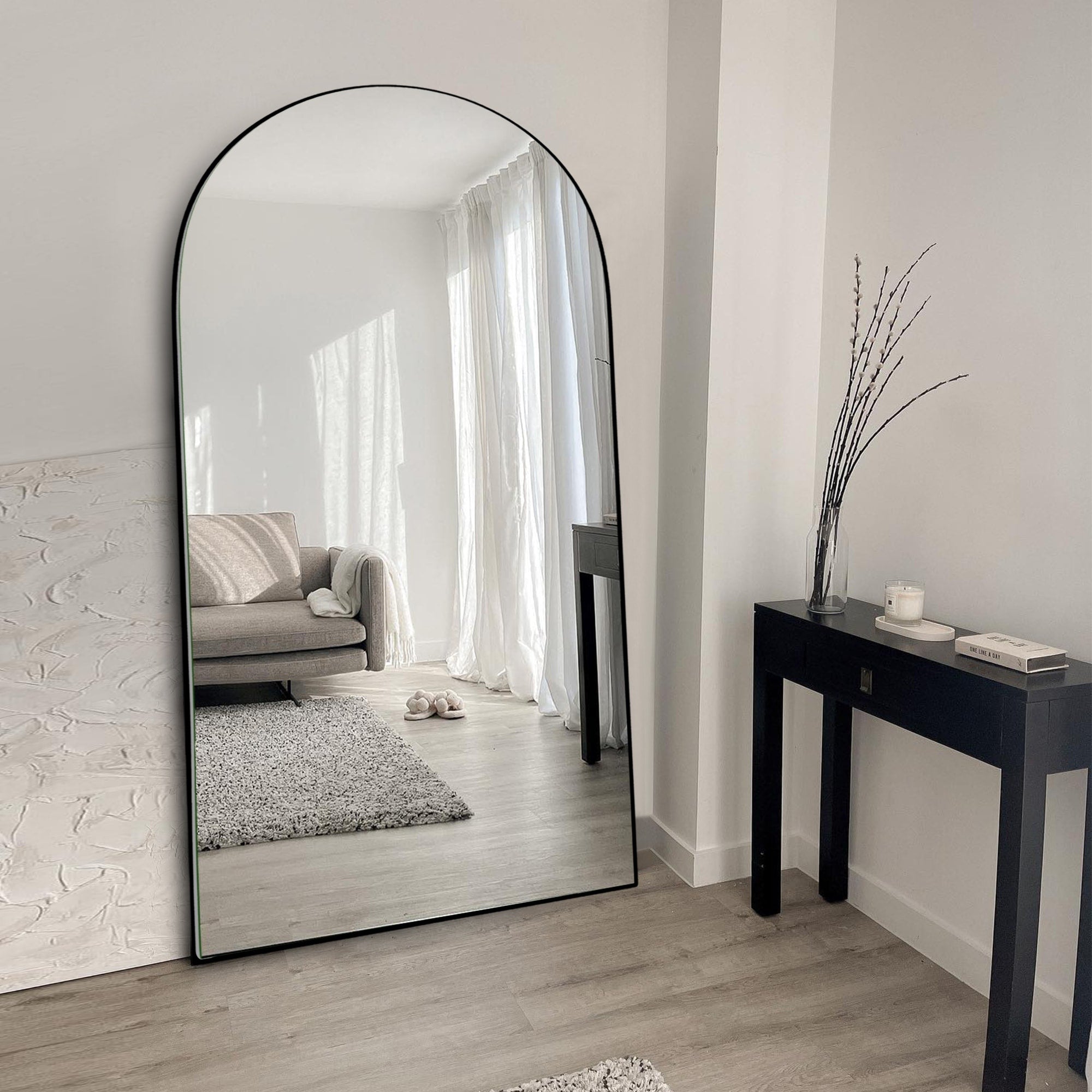 Modern Arched Full-Length Wood Floor Standing Mirror