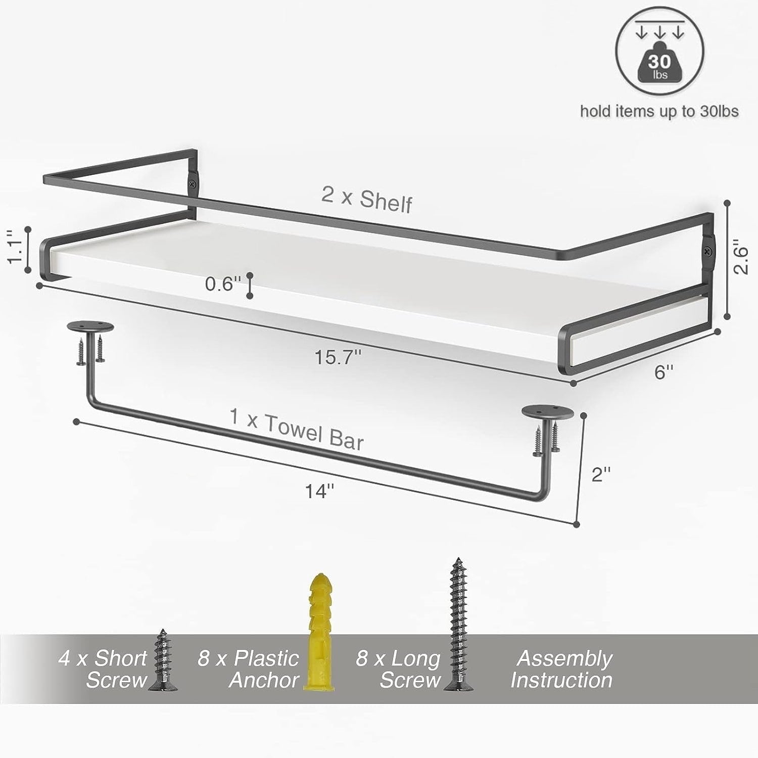 Decorative Wall Shelves Set of 2 for Bathroom with Towel Bar