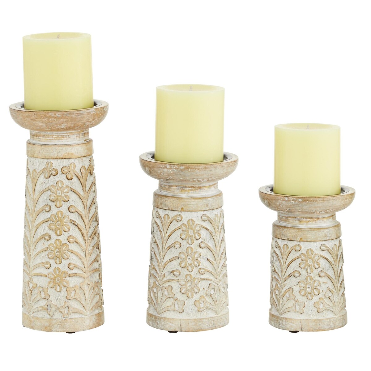 Mango Wood Handmade Carved Pillar Decorative Candle Holder - Set of 3 Light Brown or Brown - Roche River Decor