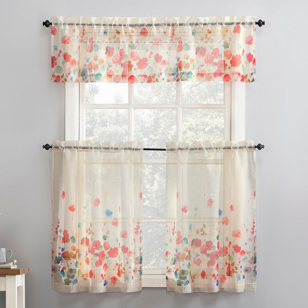 No. 918 Rosalind Floral Watercolor Semi-Sheer Rod Pocket Kitchen Curtain Valance and Tiers Set