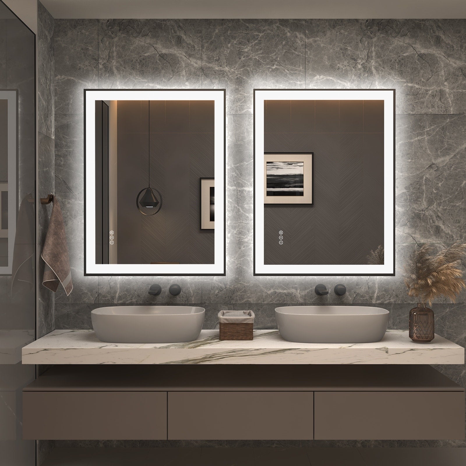 Apmir Metal Black Frame Back & Front LED Lighted Bathroom Vanity Mirror with Anti-Fog Tempered Glass