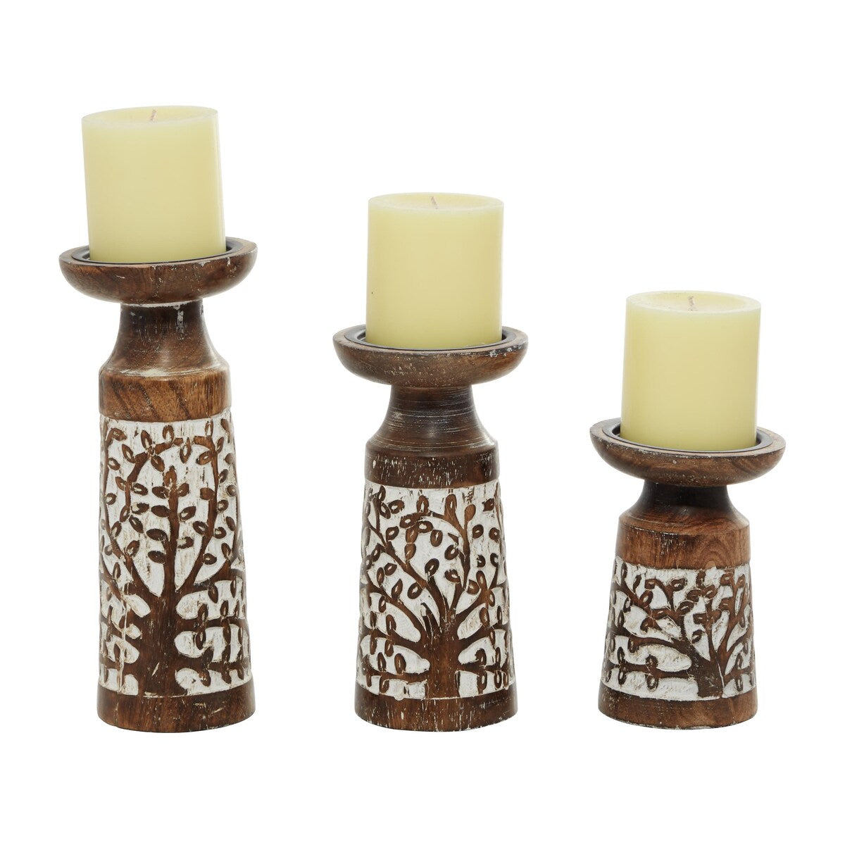 Mango Wood Handmade Carved Pillar Decorative Candle Holder - Set of 3 Light Brown or Brown - Roche River Decor