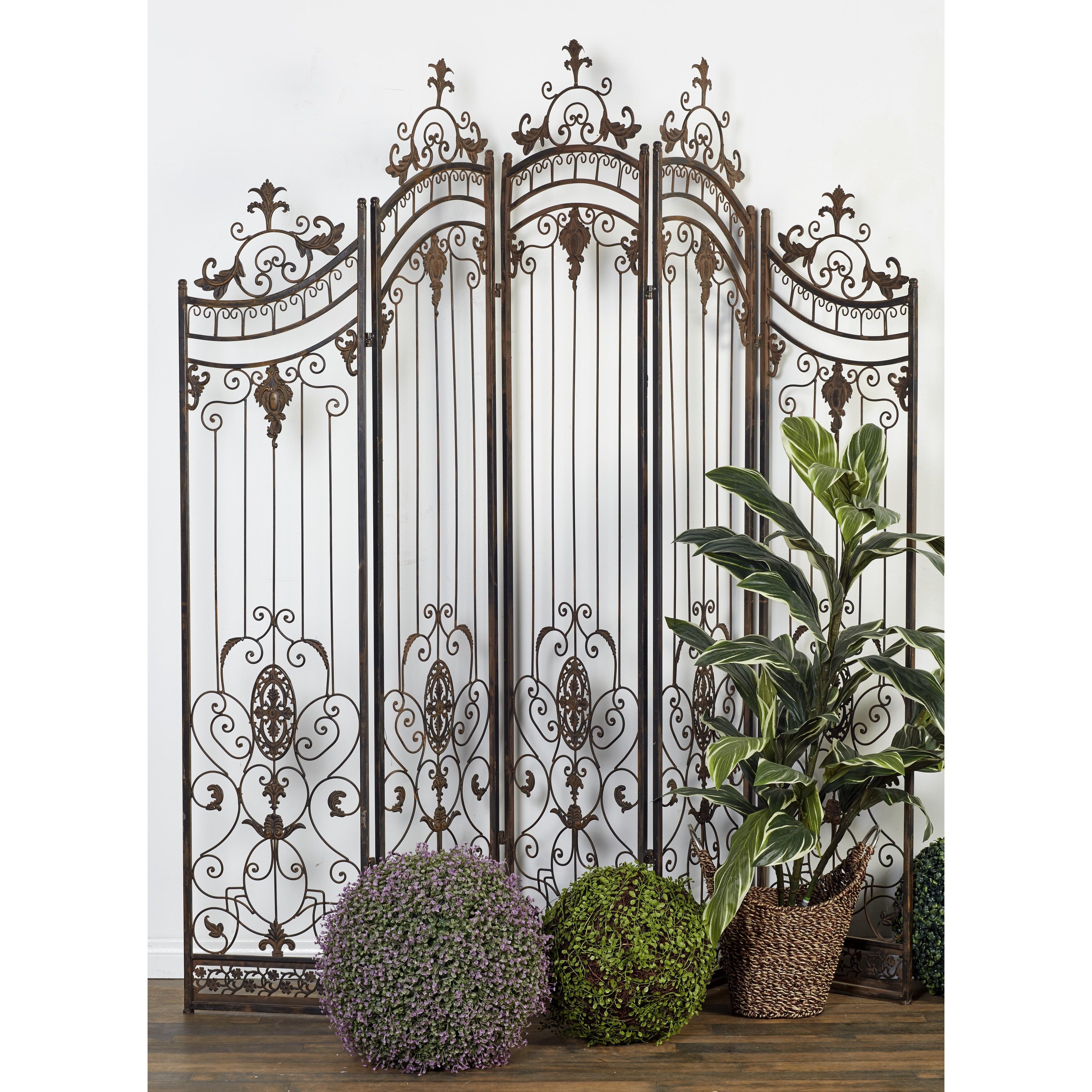 Metal Hinged Foldable Arched Partition 5 Panel Room Divider Screen with Relief Acanthus Design - Bronze - Roche River Decor