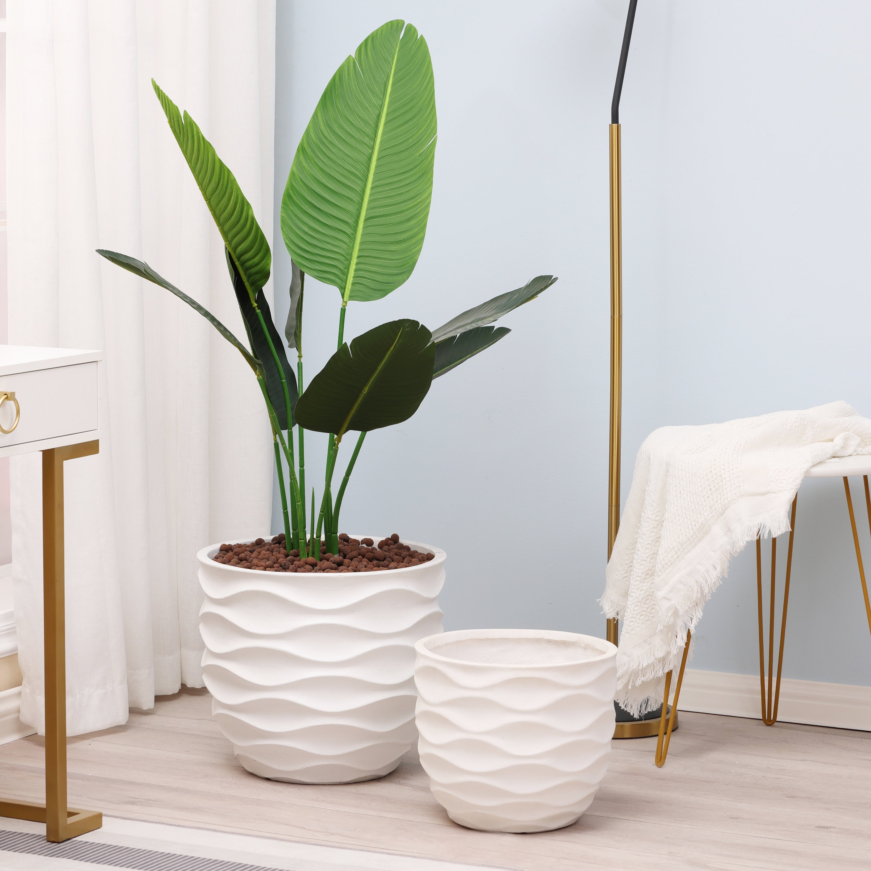 Kayu 2-piece Wavy Design White MgO Planters by Havenside Home