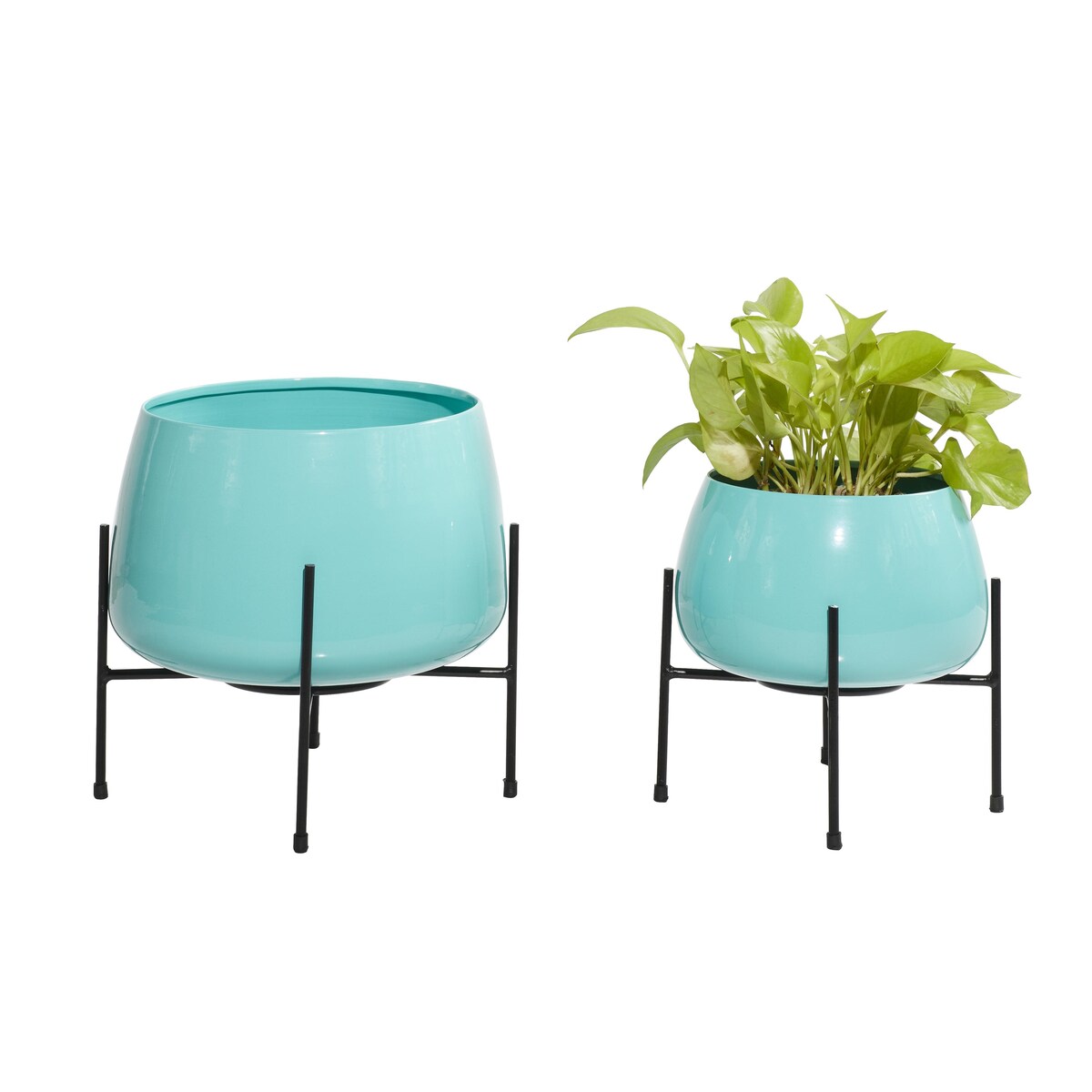 Metal Rounded Dome Indoor Outdoor Planter with Removable Stands - Set of 2 Teal, Yellow, Orange - Roche River Decor