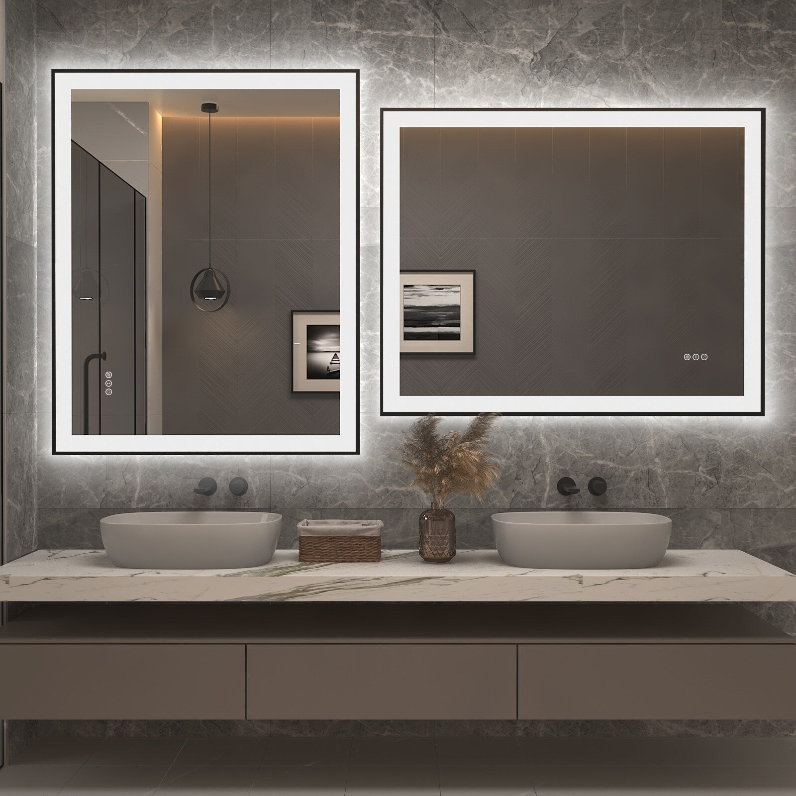 Apmir Metal Black Frame Back & Front LED Lighted Bathroom Vanity Mirror with Anti-Fog Tempered Glass