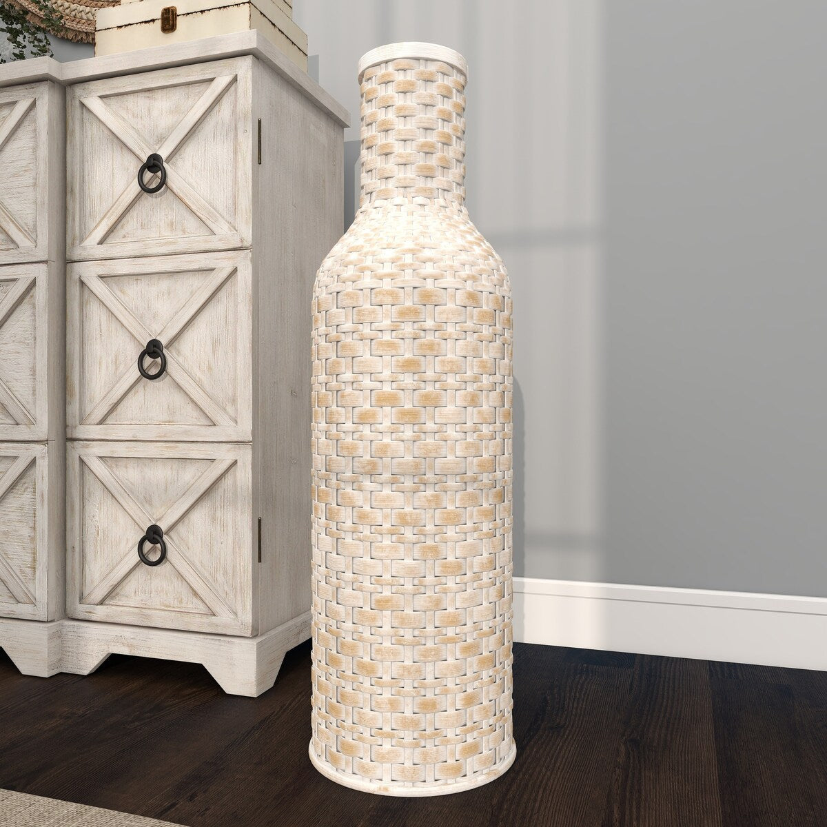 Bamboo Wood Tall Woven Floor Decorative Vase - White - Roche River Decor