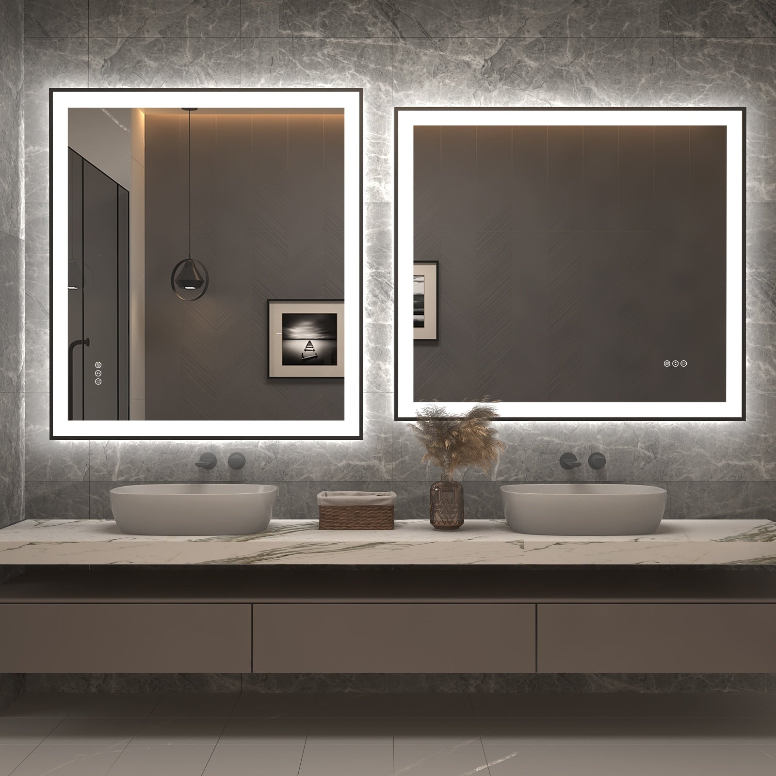 Apmir Metal Black Frame Back & Front LED Lighted Bathroom Vanity Mirror with Anti-Fog Tempered Glass