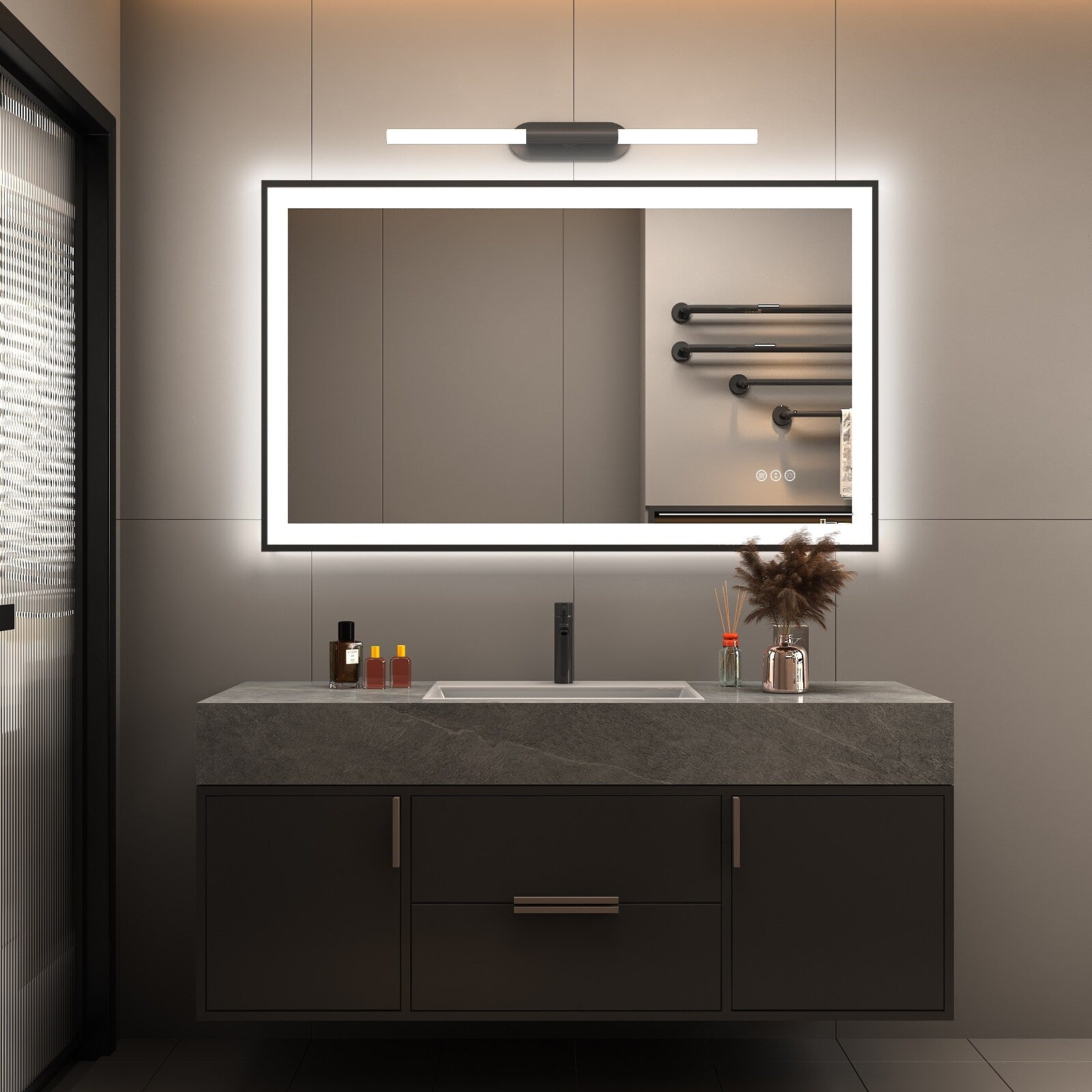 Apmir Metal Black Frame Back & Front LED Lighted Bathroom Vanity Mirror with Anti-Fog Tempered Glass