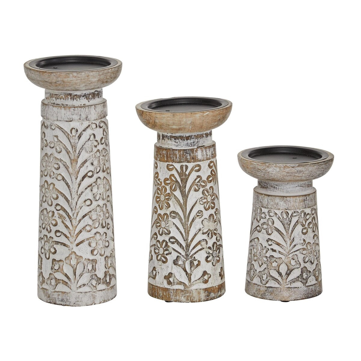 Mango Wood Handmade Carved Pillar Decorative Candle Holder - Set of 3 Light Brown or Brown - Roche River Decor