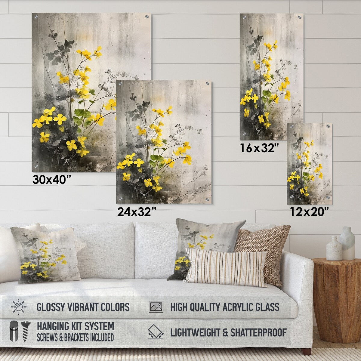 Designart Yellow Grey Herb Garden Floral Gloss Wall Decor Yellow - Traditional Acrylic Wall Art For Hallway Decor