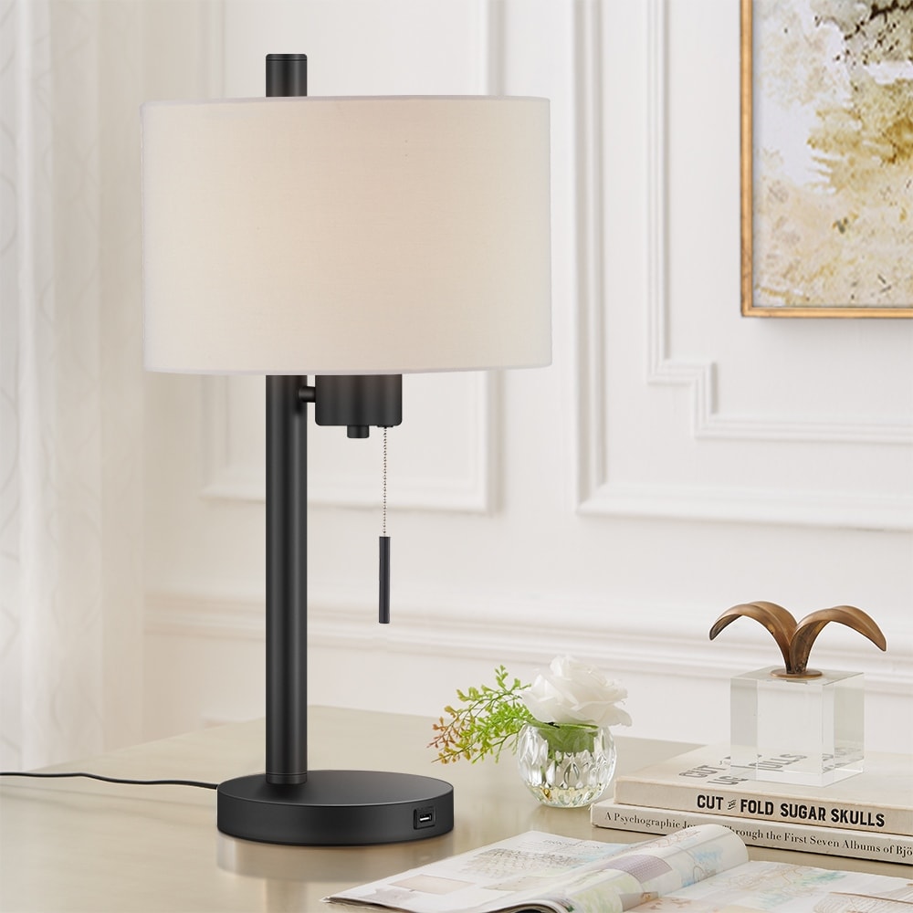 23-in Black Modern Table Lamp with USB Port and White Linen Shade - 23H