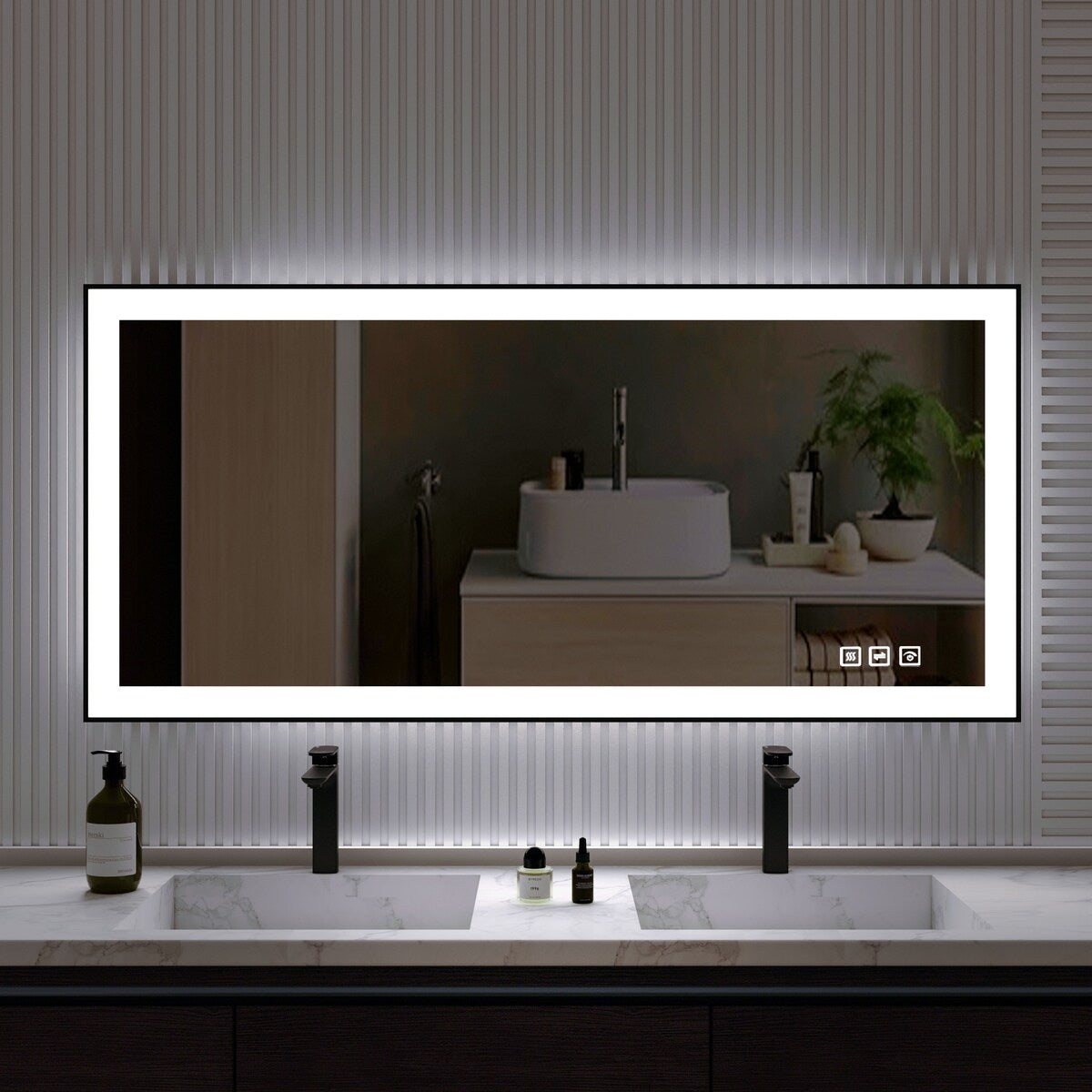 Organnice Rectangular Framed LED Anti-Fog Bathroom Wall Mirror in Black with Backlit and Front Light