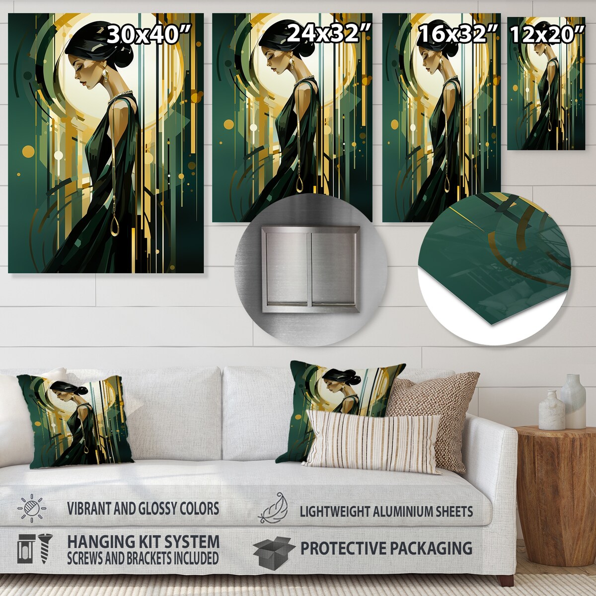 Designart Green And Gold Elegant Retro Woman Fashion Metal Wall Art - Green Metal Wall Décor Glam Metal Art Work