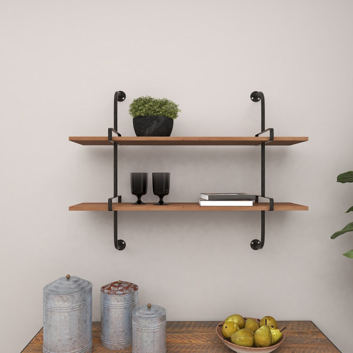 Wood 2 or 3 Level Wall Shelf with Black Metal Brackets - Brown or Gray - Roche River Decor
